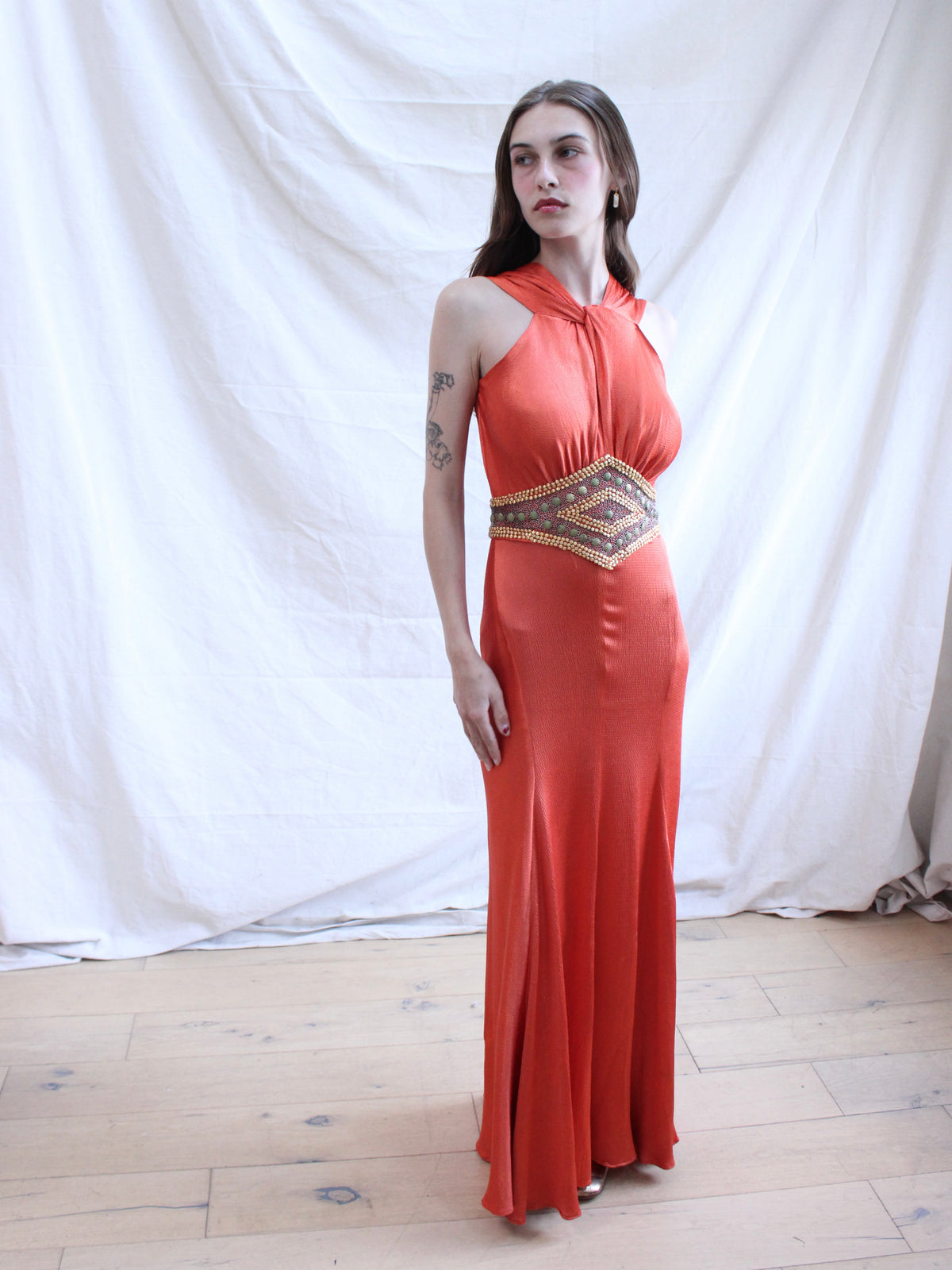 1930s Deco Tangerine Hammered Silk 24K Gold Beaded Bias Gown