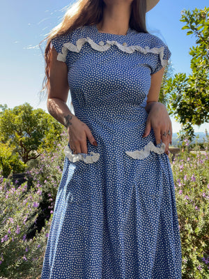 1940s Polka Dot & MOP Pocket Cotton Day Dress