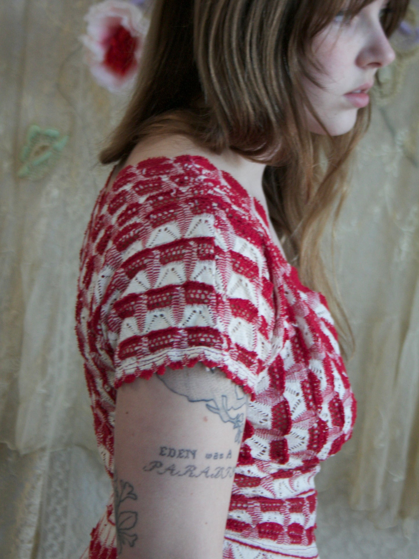 1950s Red/ White Crochet Knit Dress