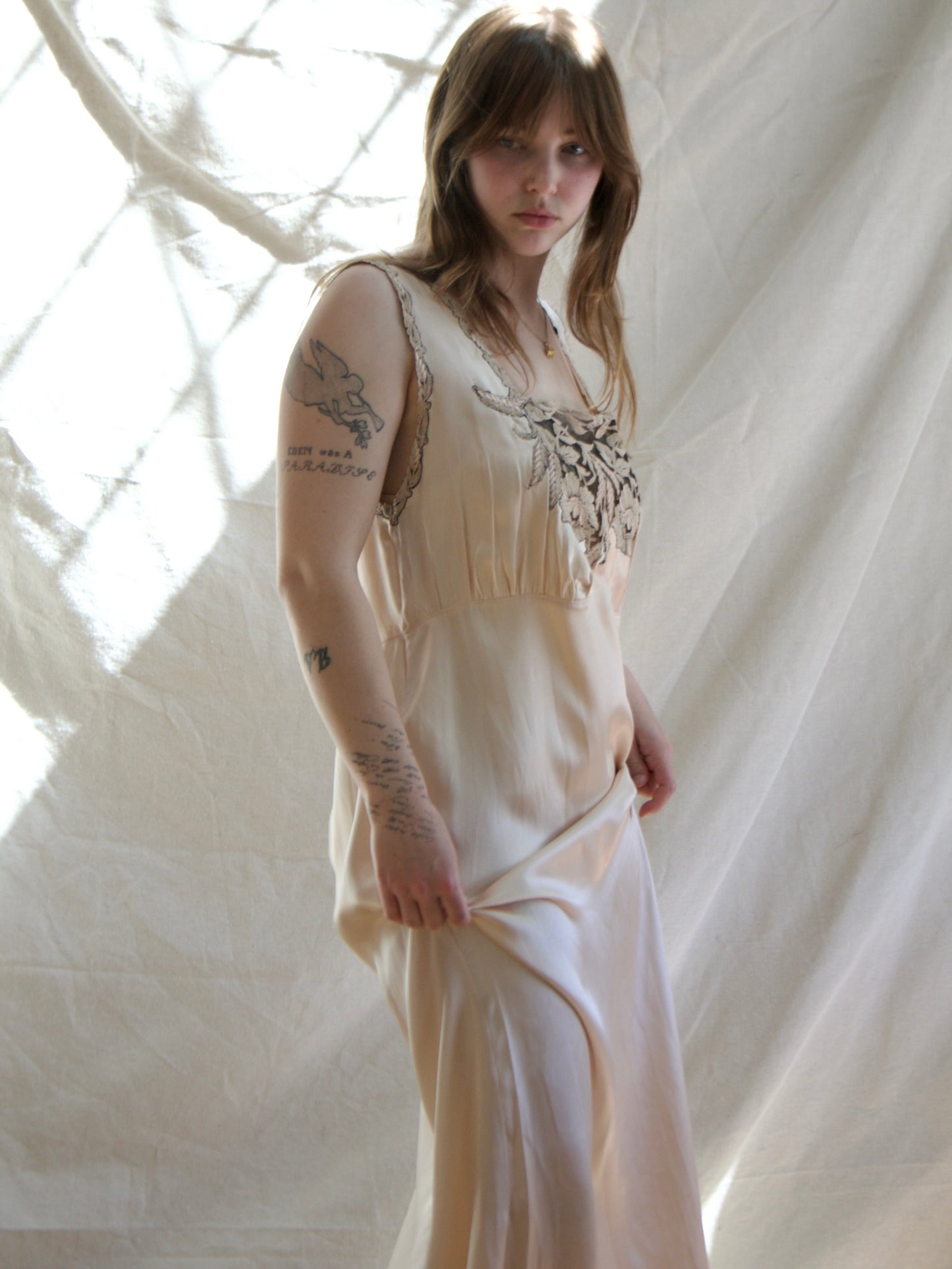 1930s Champagne Silk Inset Lace Low Back Slip Dress