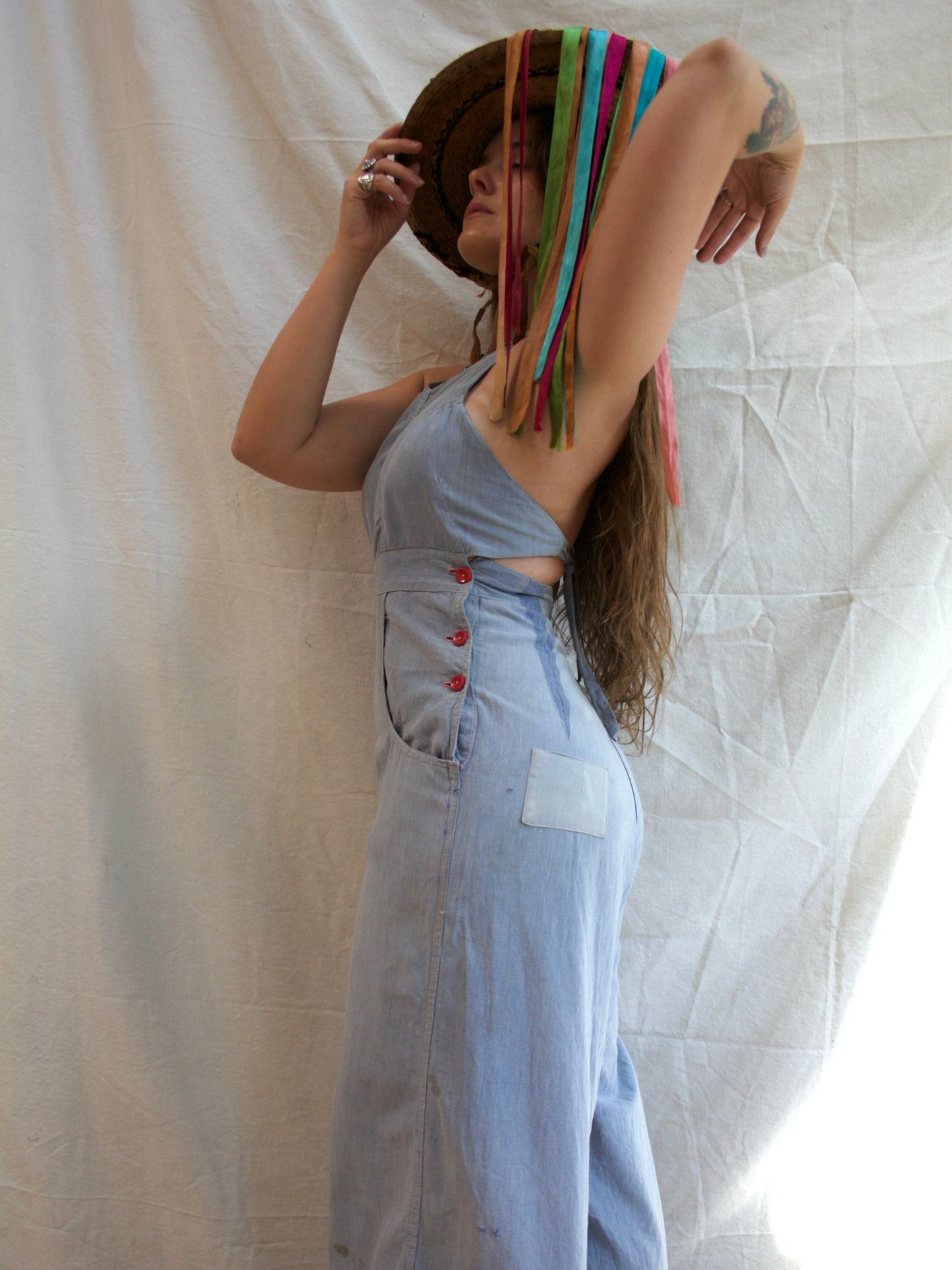 Special 1930s 'Trailer-alls' Chambray Halter Sportswear Double Side Button Overalls