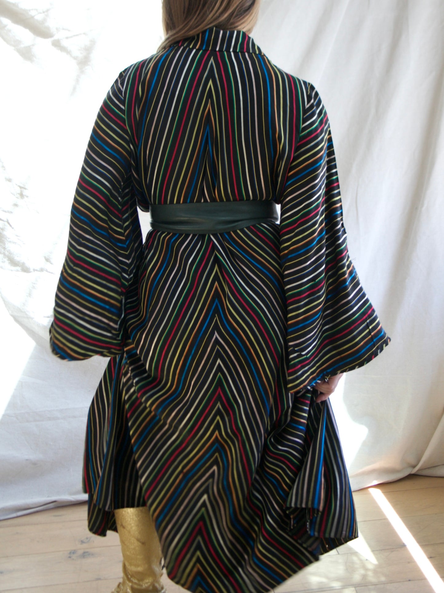 1950s Chevron Rainbow Stripe Rayon Taffeta Swing Coat Tent Dress
