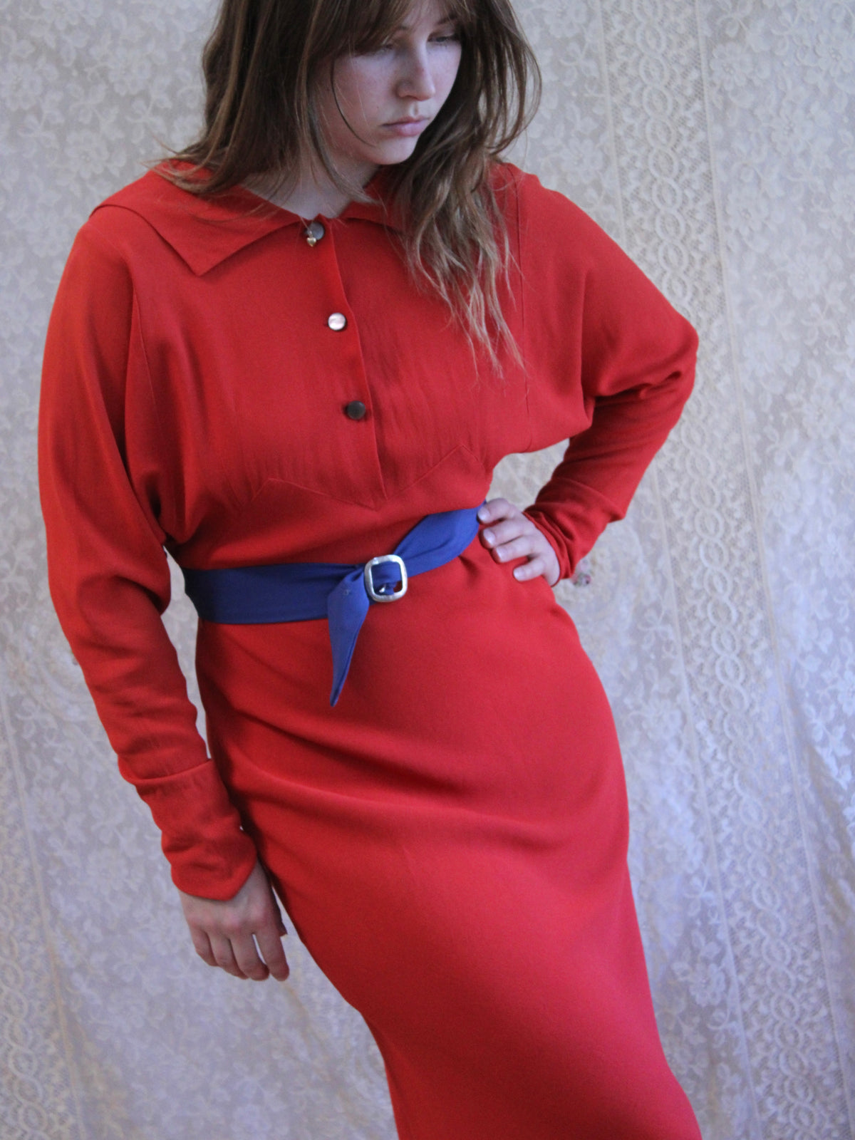 1930s Tomato Red Keyhole Back Rayon Crepe Bias Gown