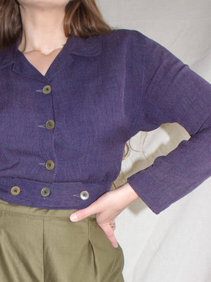 1940s Indigo Woven Cotton Cropped Sportswear Blouse