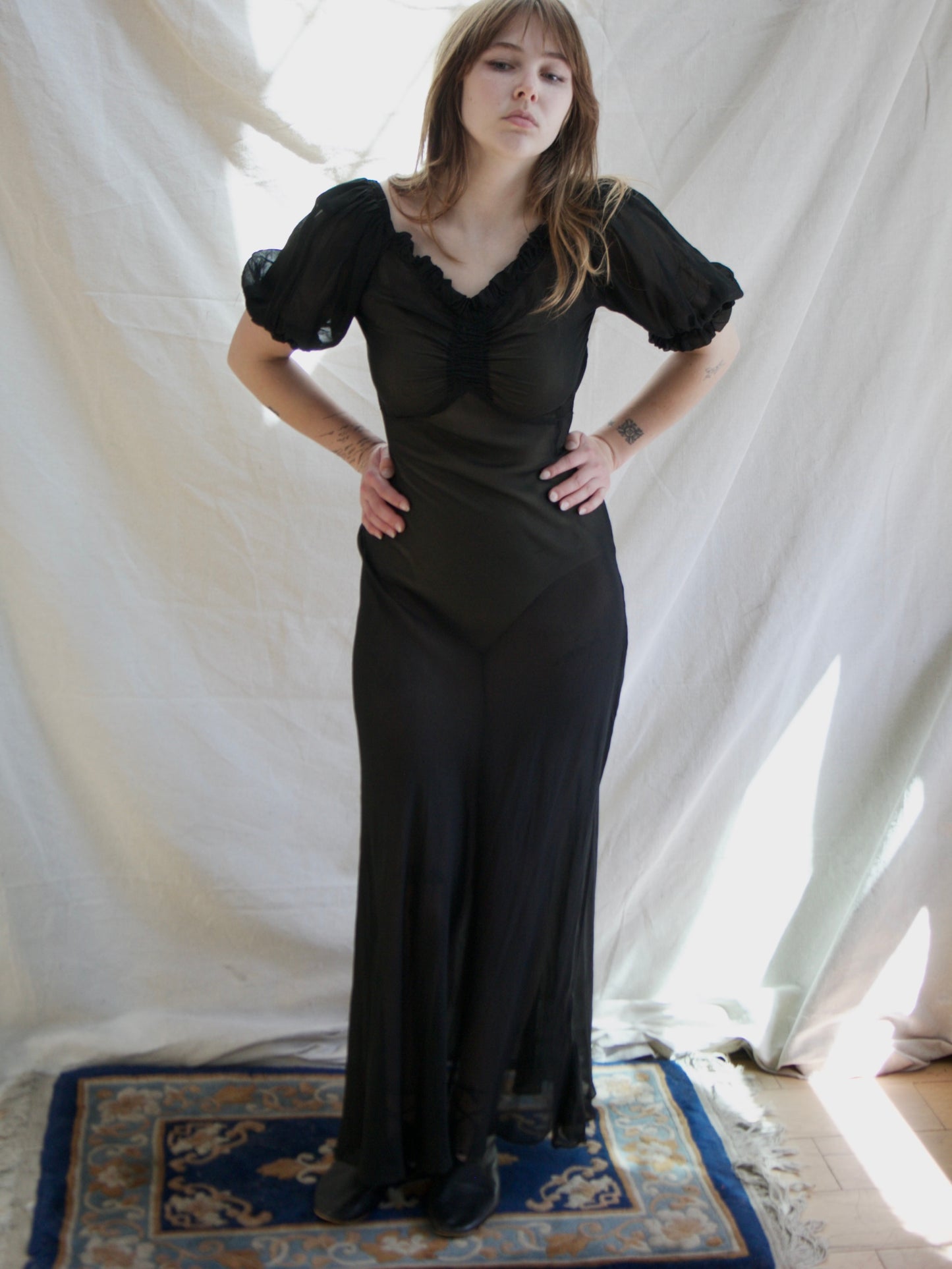 1930s Vampy Chiffon Bias Cut Puff Sleeve Dress