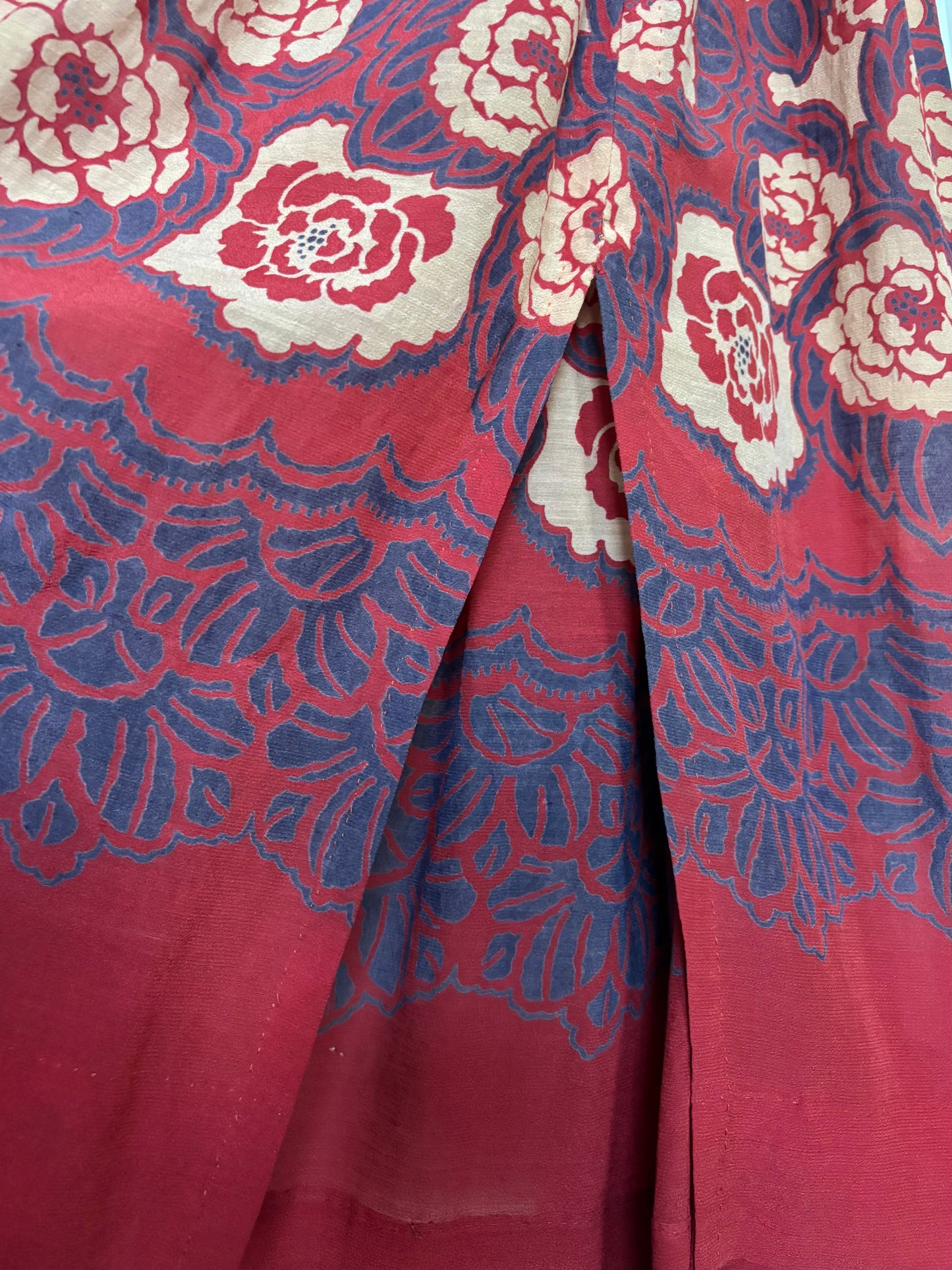 Antique Turkey Red Woven Silk Floral Print Drawstring Dress