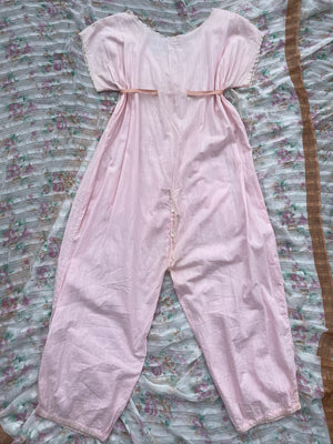 Antique Edwardian Pale Pink Floral Embroidered Cotton Boudoir Jumpsuit