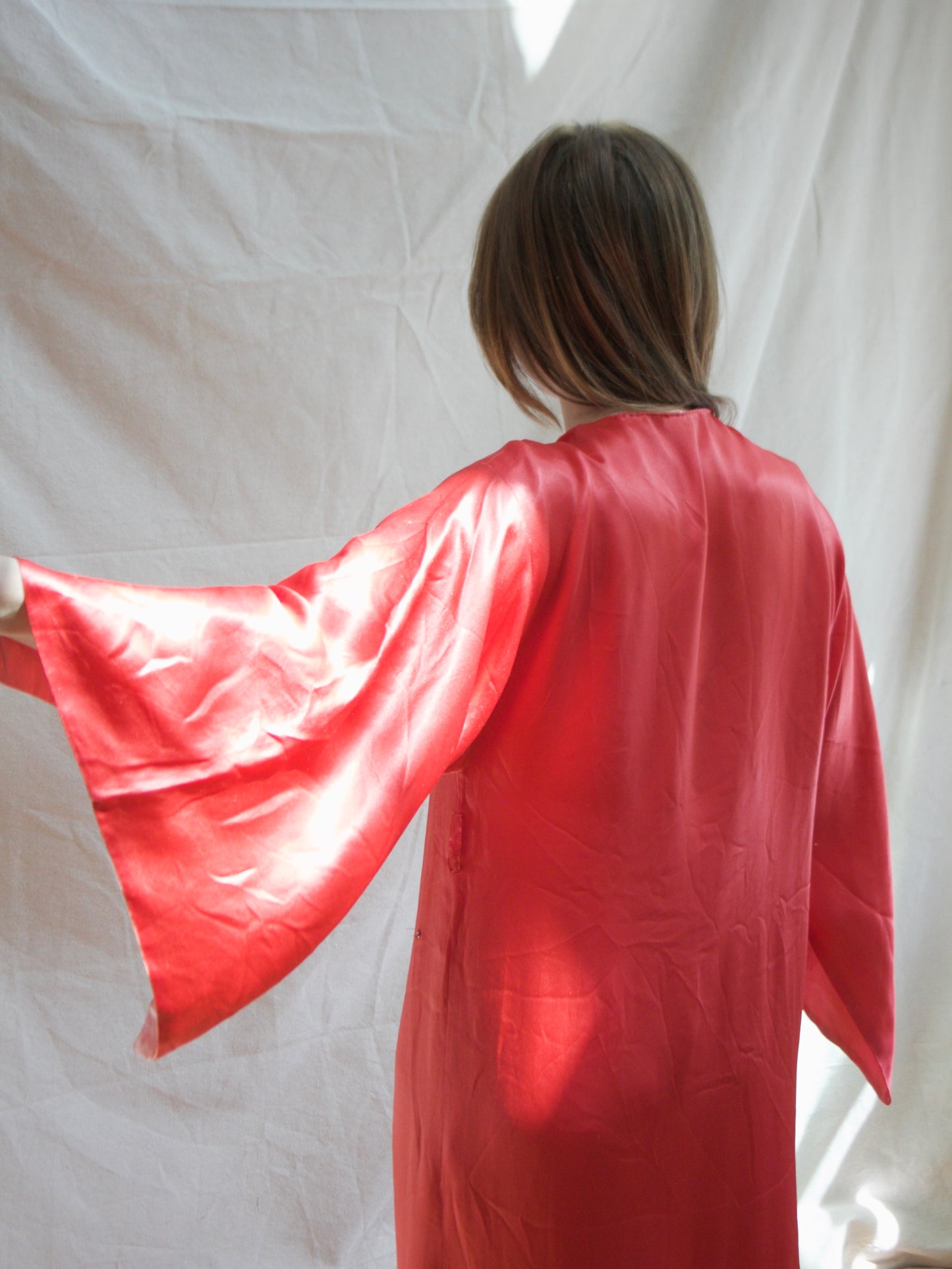 Antique 1920s Day-Glo Neon Coral Kimono Sleeve Silk Frog Closure Robe