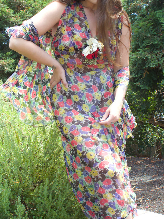 1930s Vibrant Floral Silk Chiffon Two Piece Bias Cut Gown Set