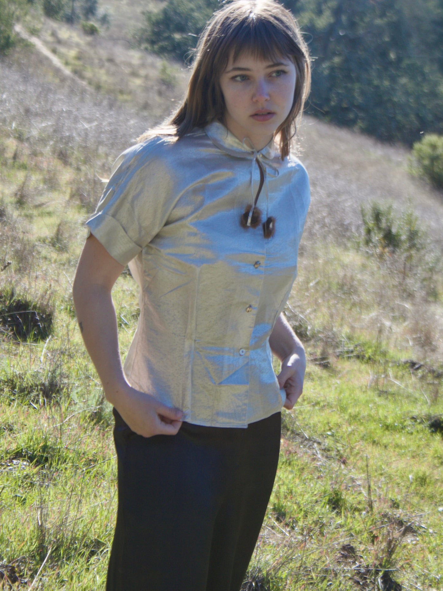 1950s Deadstock Silver Lamé Fur Trim Blouse