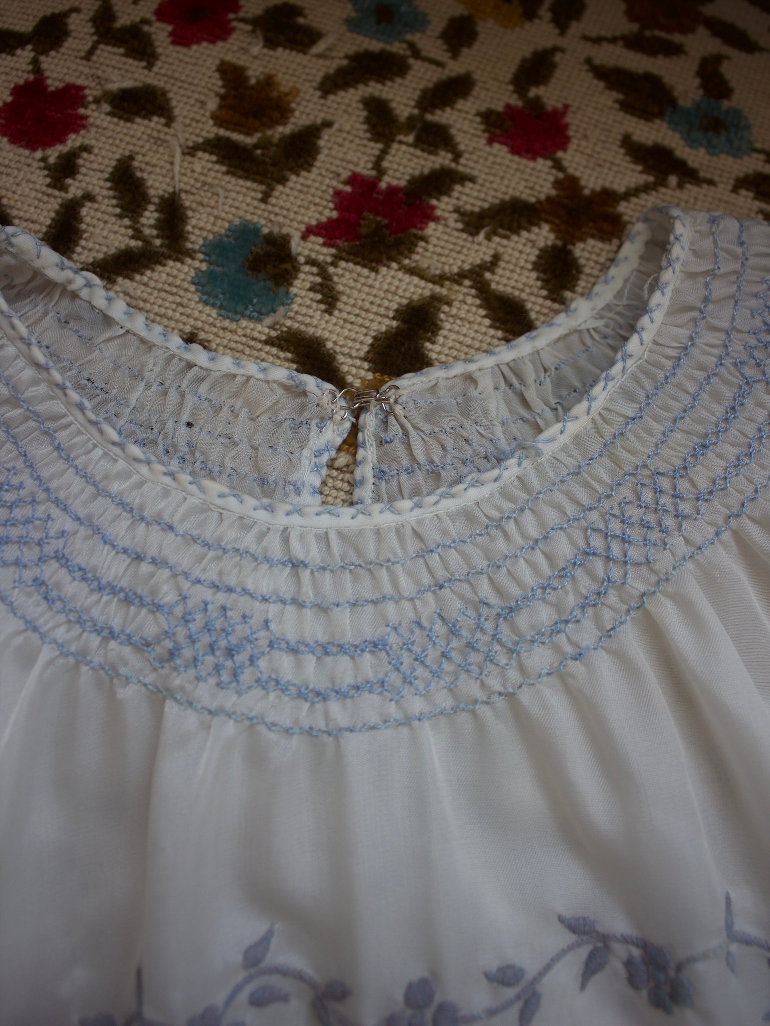 1940s Embroidered Parachute Silk Smocked Folk Blouse