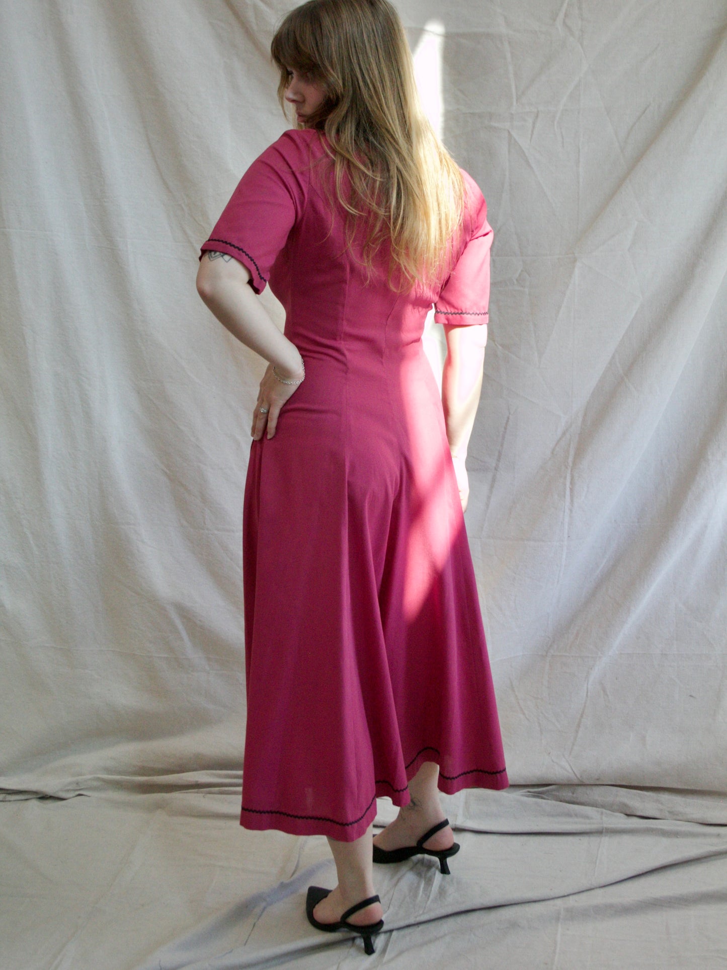 1940s Magenta Palazzo Pant Button Front Jumpsuit