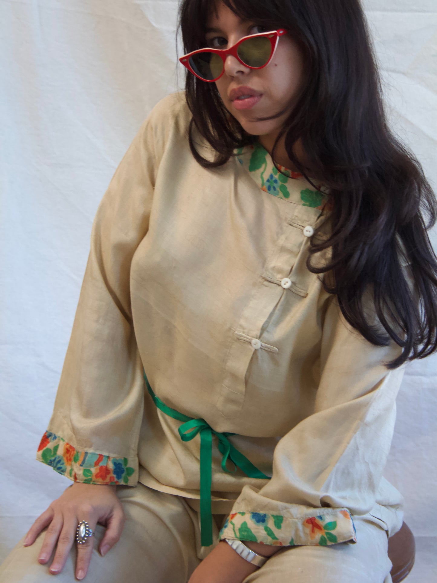 Antique 1920s Faded Print Pongee Silk 2 PC Loungewear Pant Set