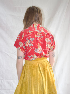 1940s Raw Silk Hawaiian Print Cherry Red Cropped Blouse