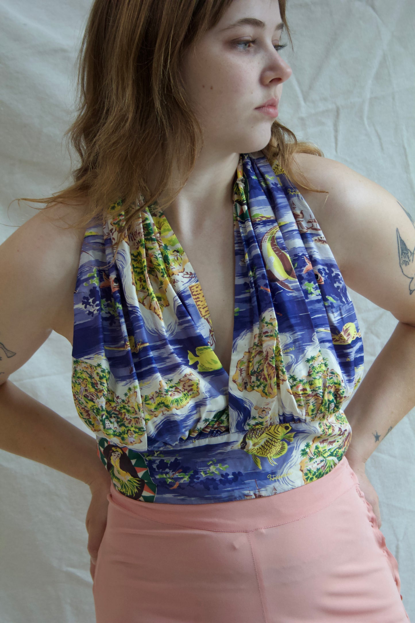 Special 1940s Hawaiian Printed Rayon Embellished Halter