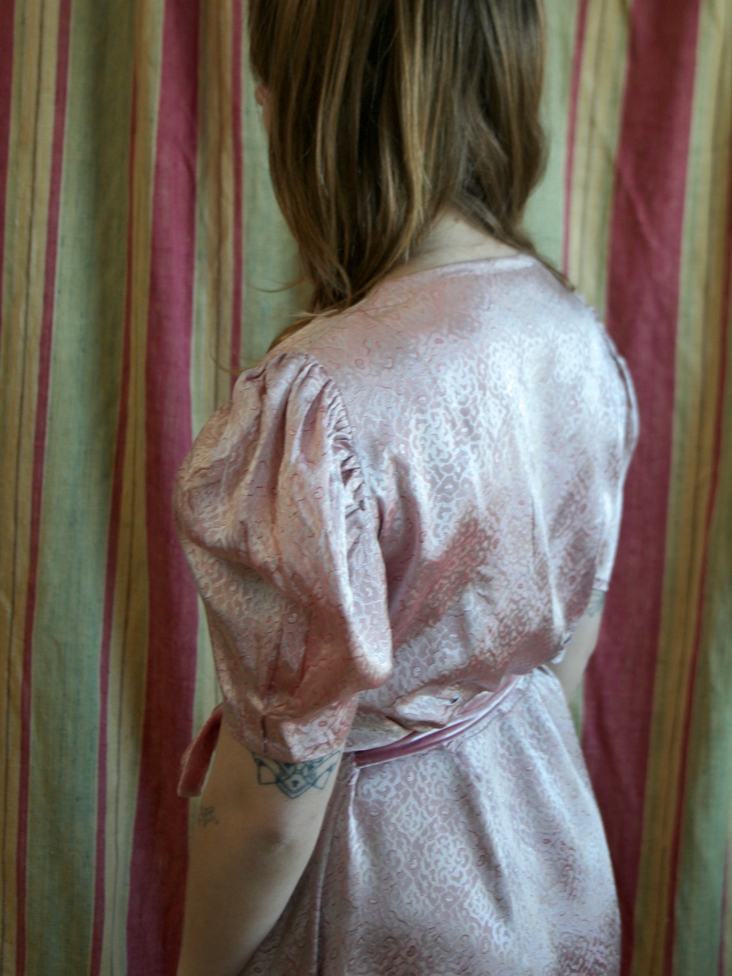 1940s Puff Sleeve Printed Rayon Satin Belted Dress