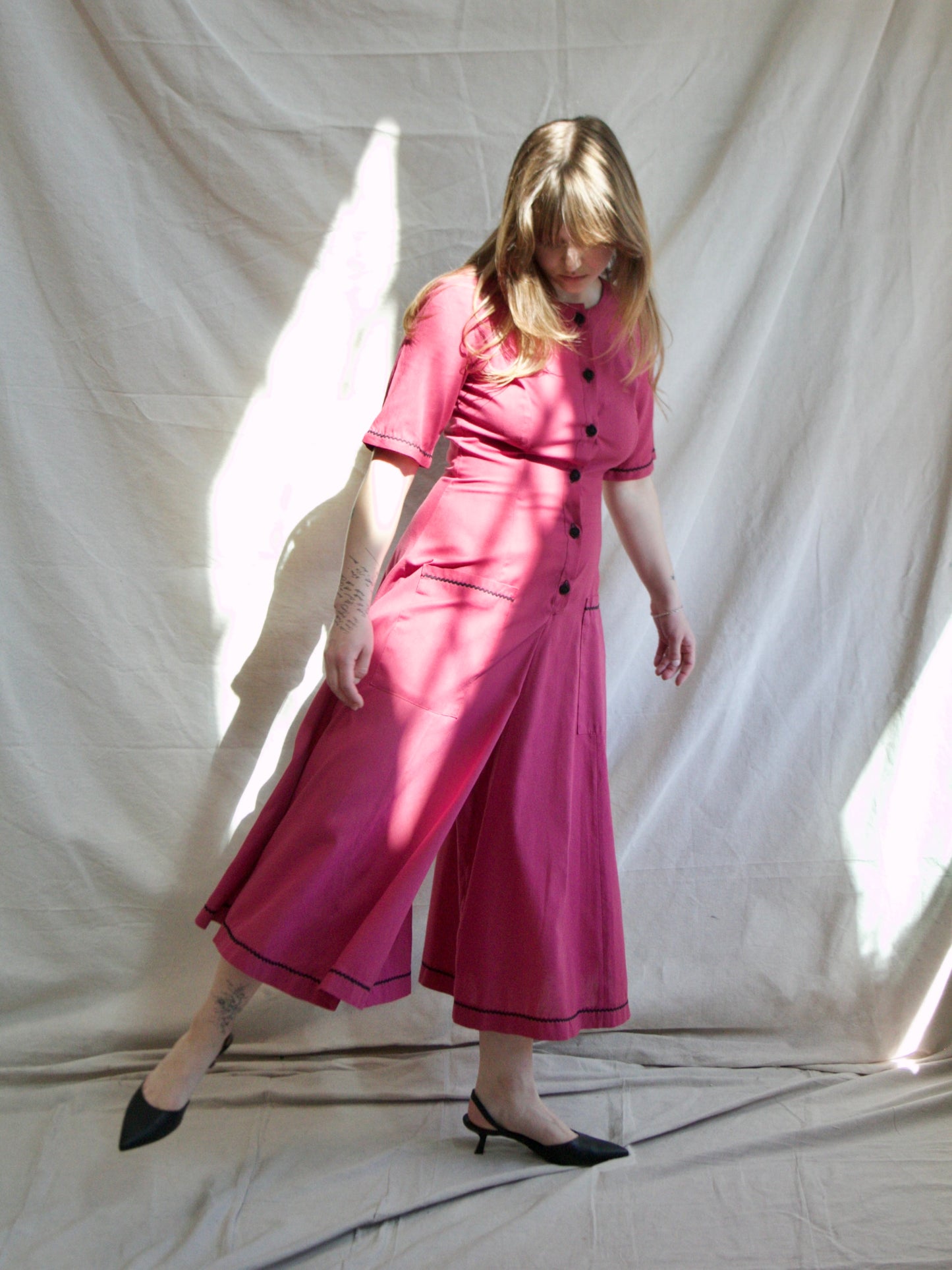 1940s Magenta Palazzo Pant Button Front Jumpsuit