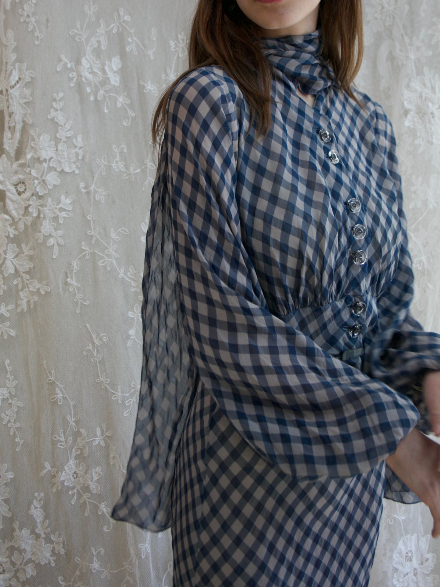 1930s Windowpane Balloon Sleeve Crepe Chiffon Tie Neck Dress