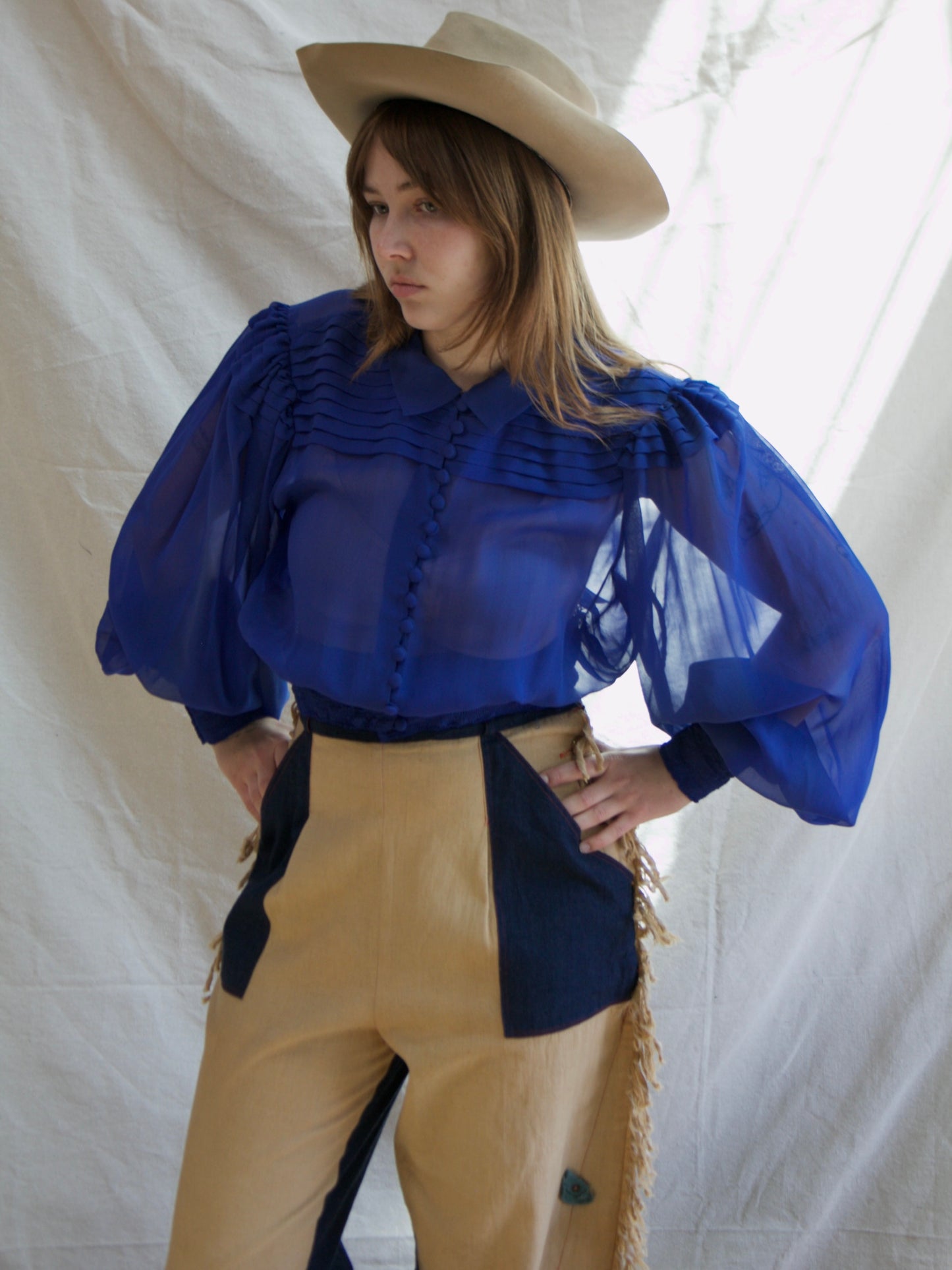 1930s Cobalt Chiffon Bishop Sleeve Smocked Blouse