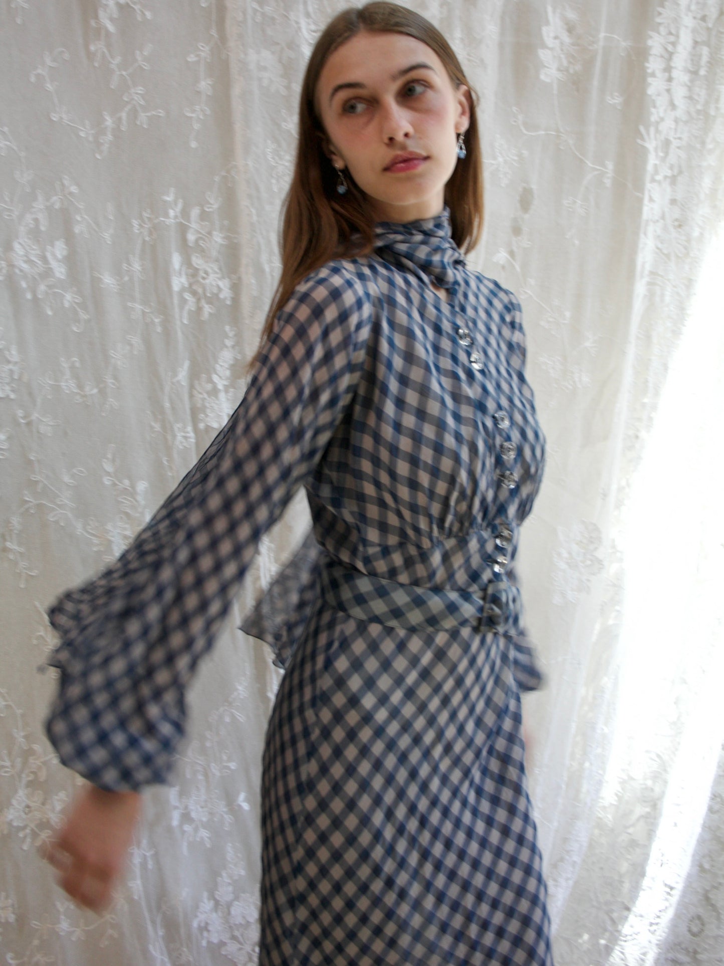 1930s Windowpane Balloon Sleeve Crepe Chiffon Tie Neck Dress