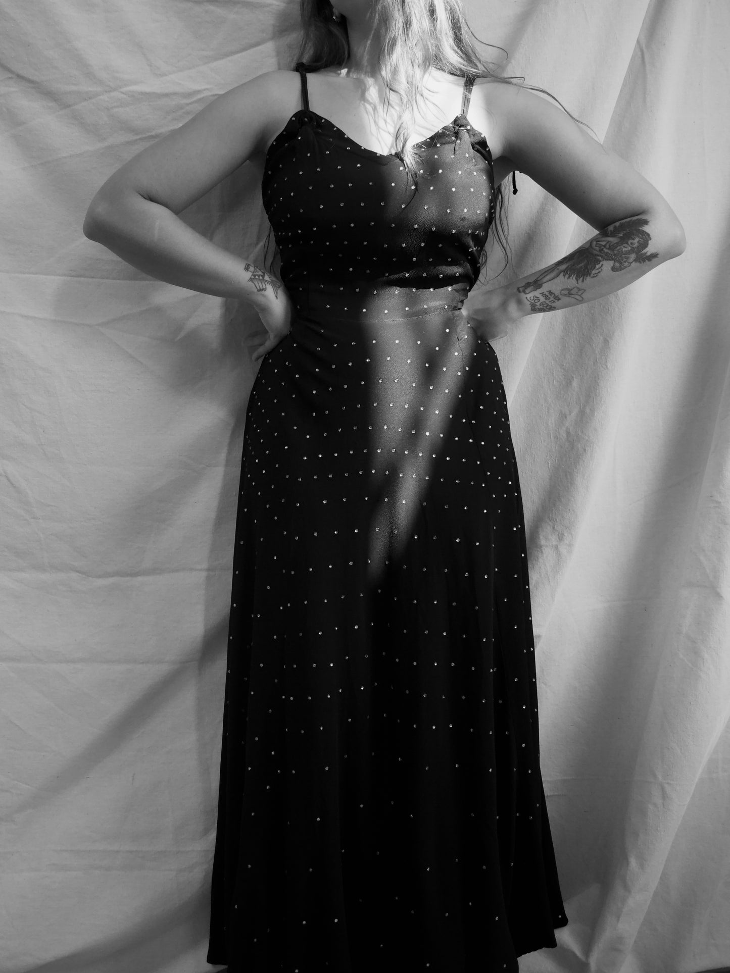 1930s Diamanté Rayon Crete Jet Black Tie Shoulder Gown