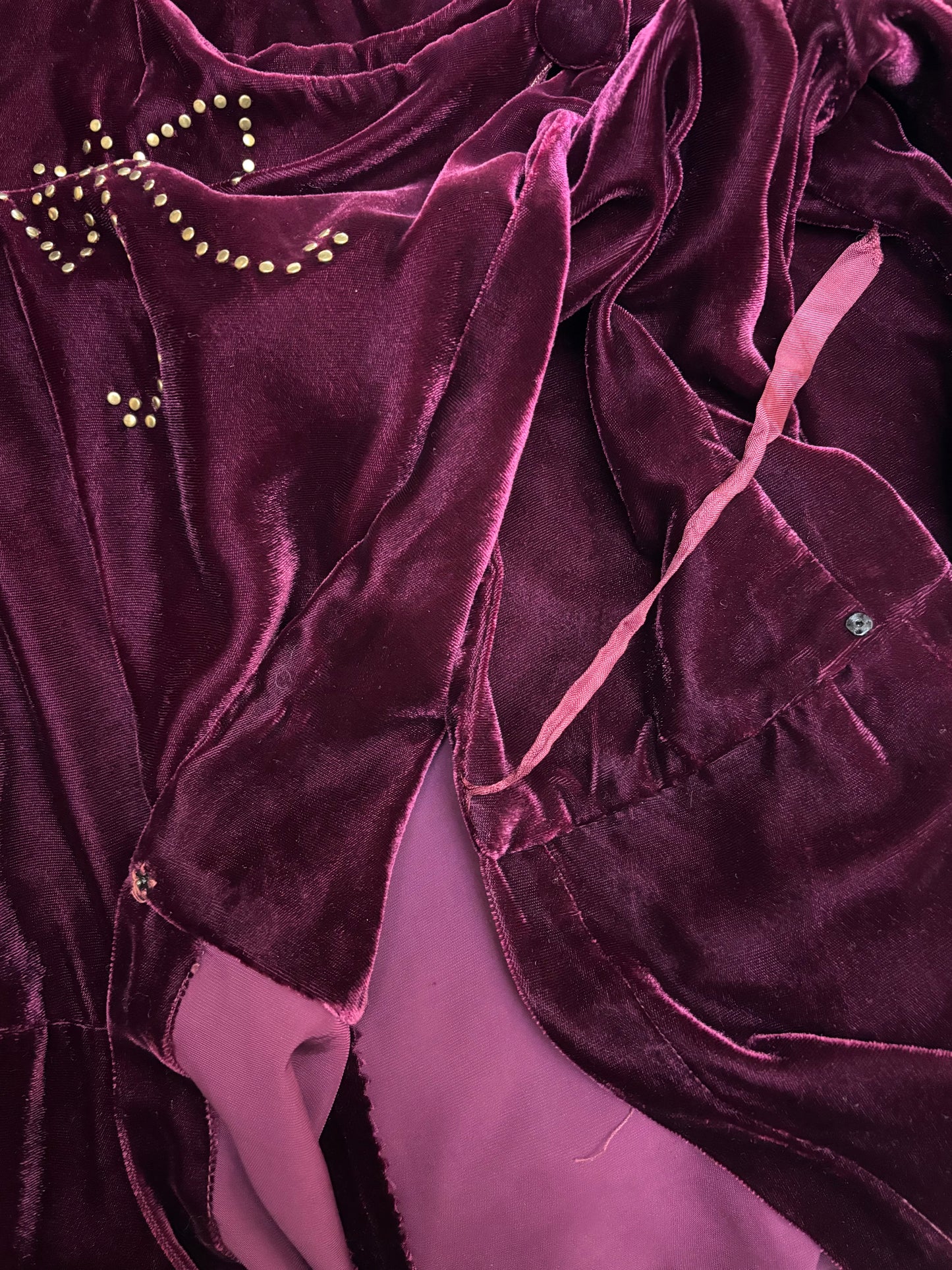 1940s Studded Merlot Velveteen Strong Shoulder Wrap Gown