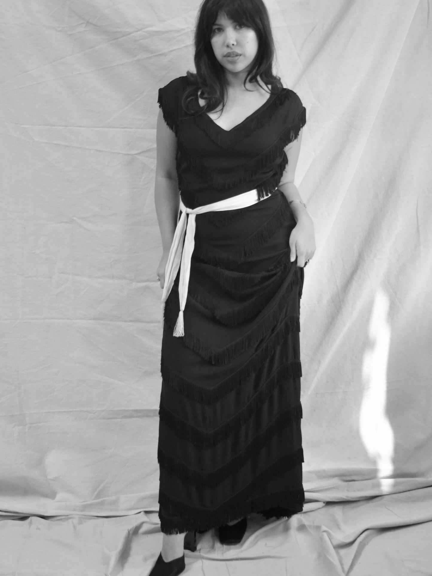 1940s Rayon Crepe Fringe Trained Gown