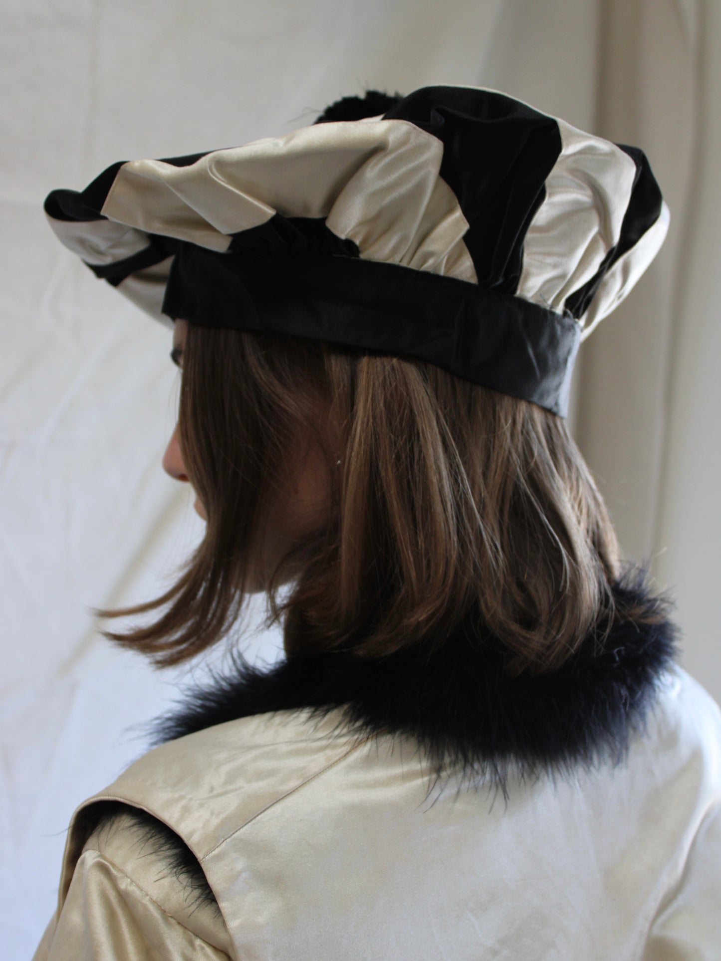 One Of A Kind Antique 1910s B&W Satin 4 Piece Mardi Gras Harem Pant Jumpsuit Ensemble