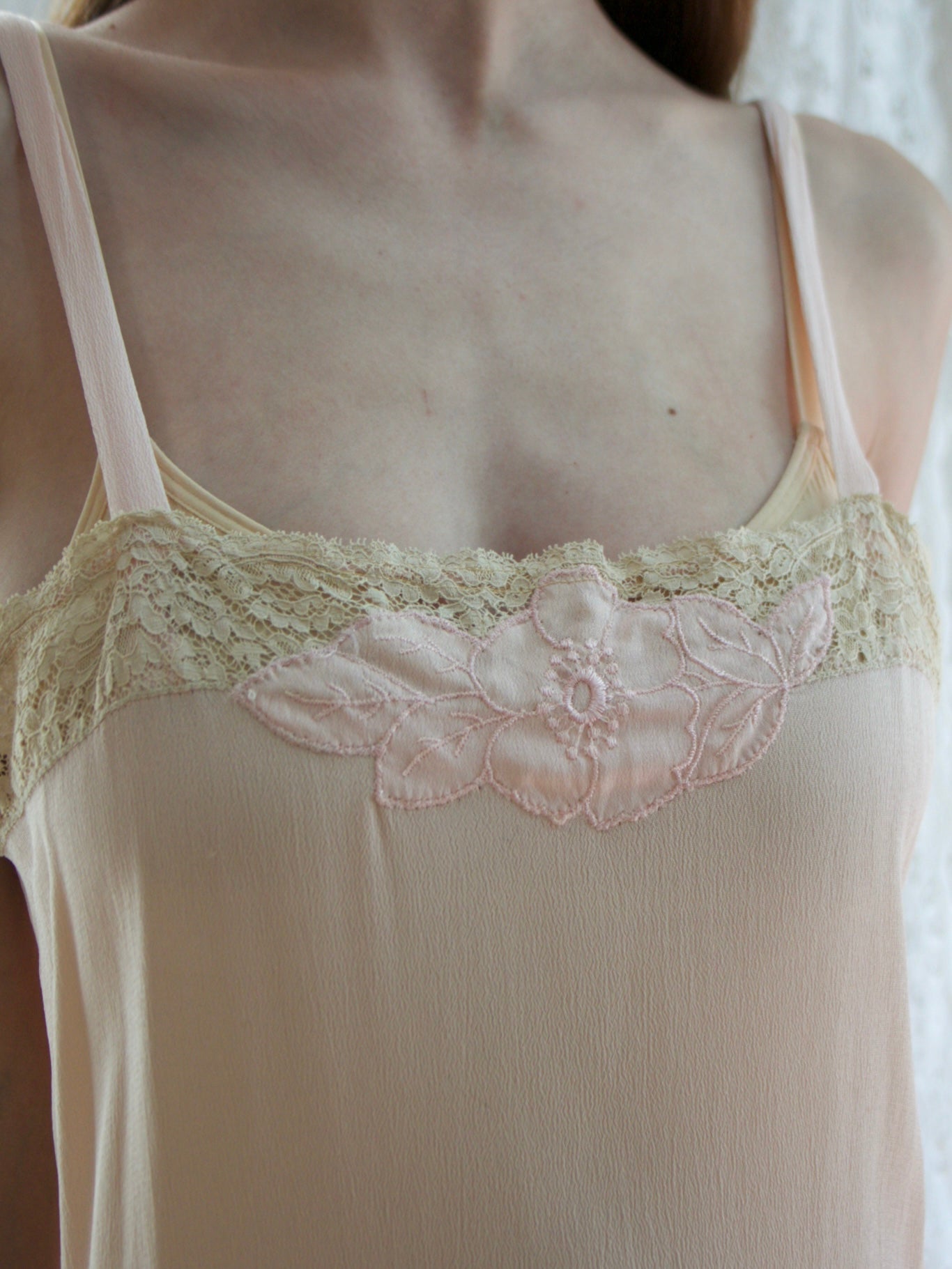 Antique 1920s Silk Crepe Blush Appliquè Slip Dress