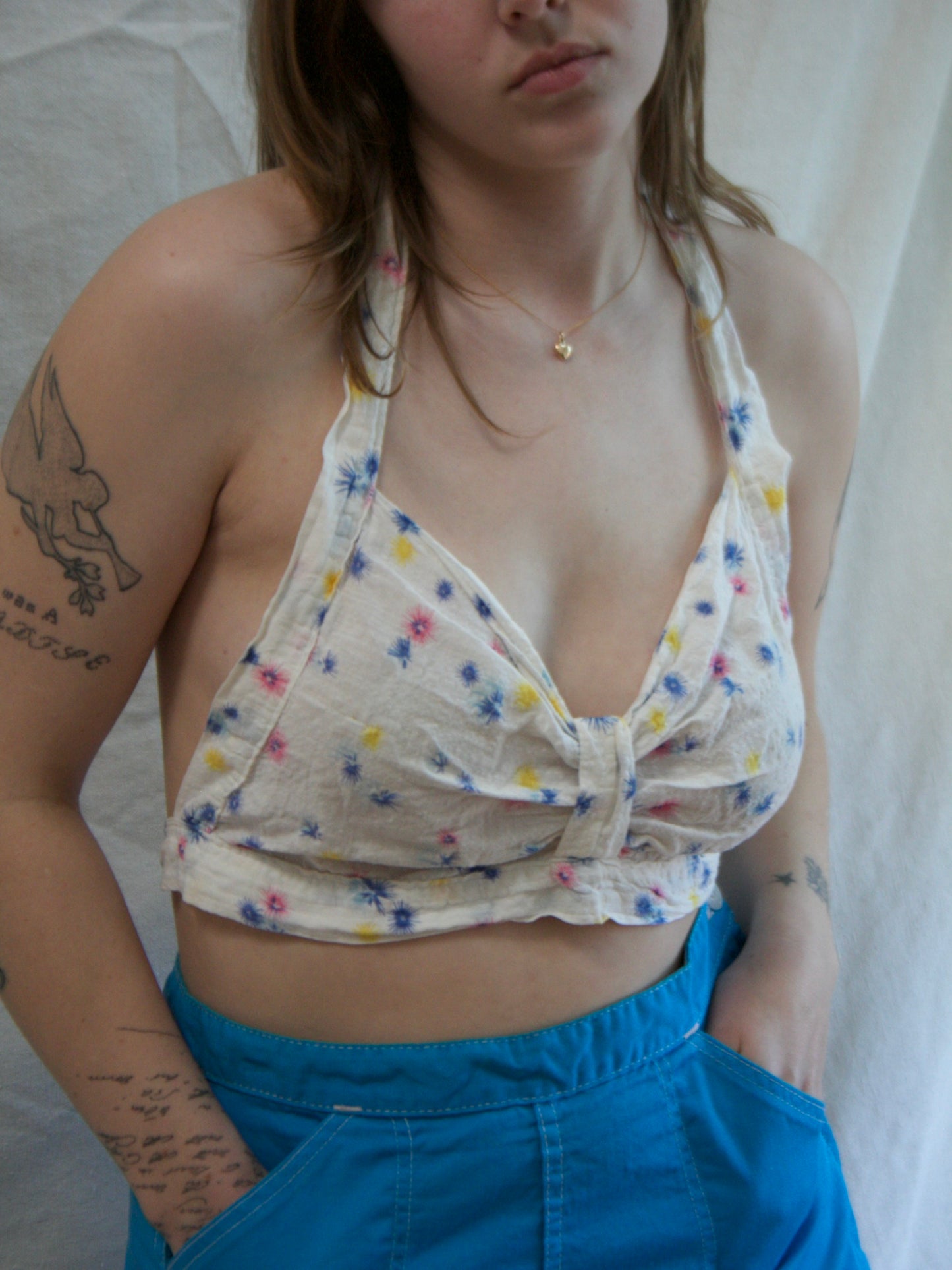 1940s Seersucker Ditsy Floral Halter Playsuit Top