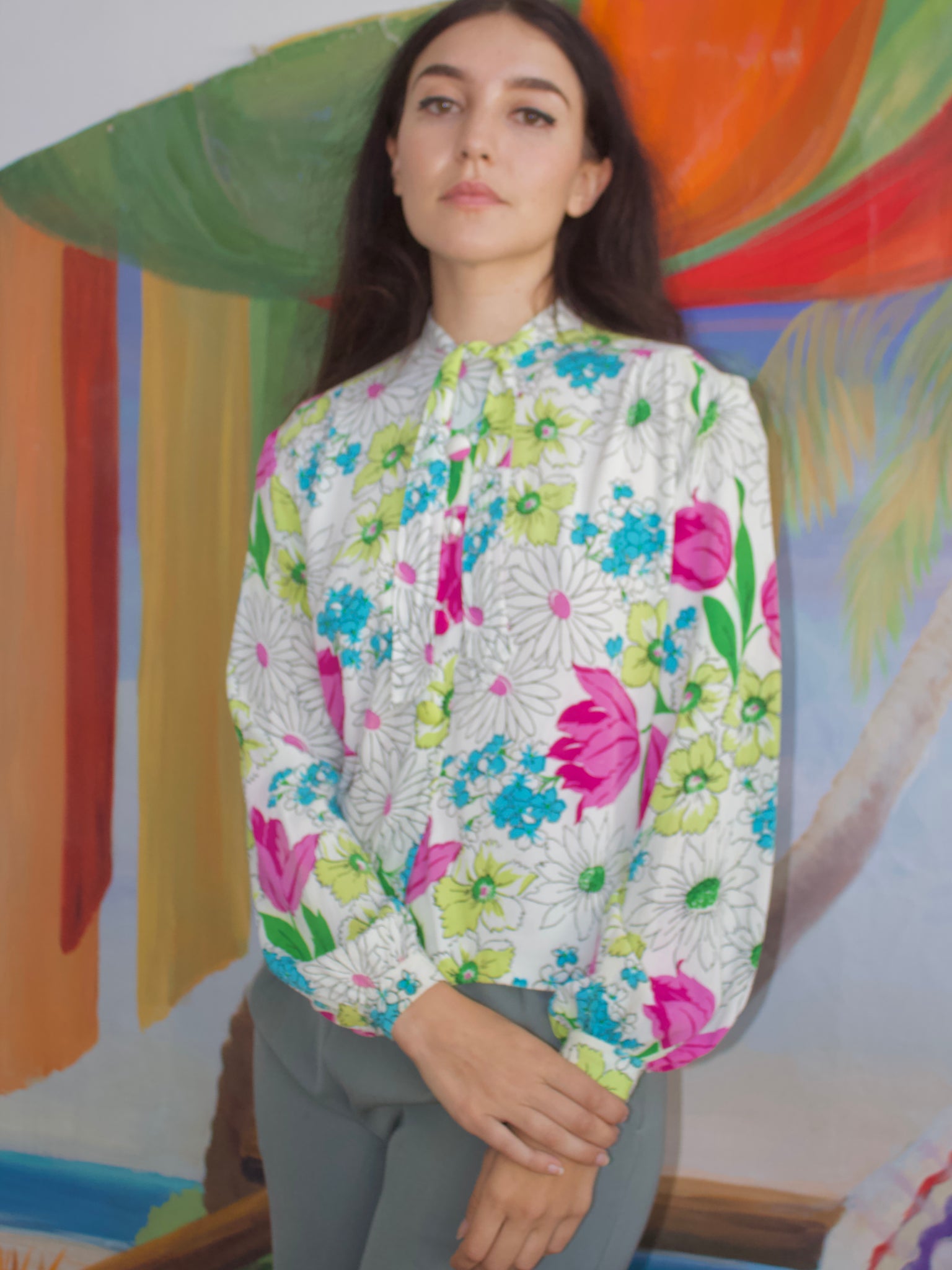 1940s Vibrant Large Scale Day-Glo Floral Print Rayon Crepe Blouse