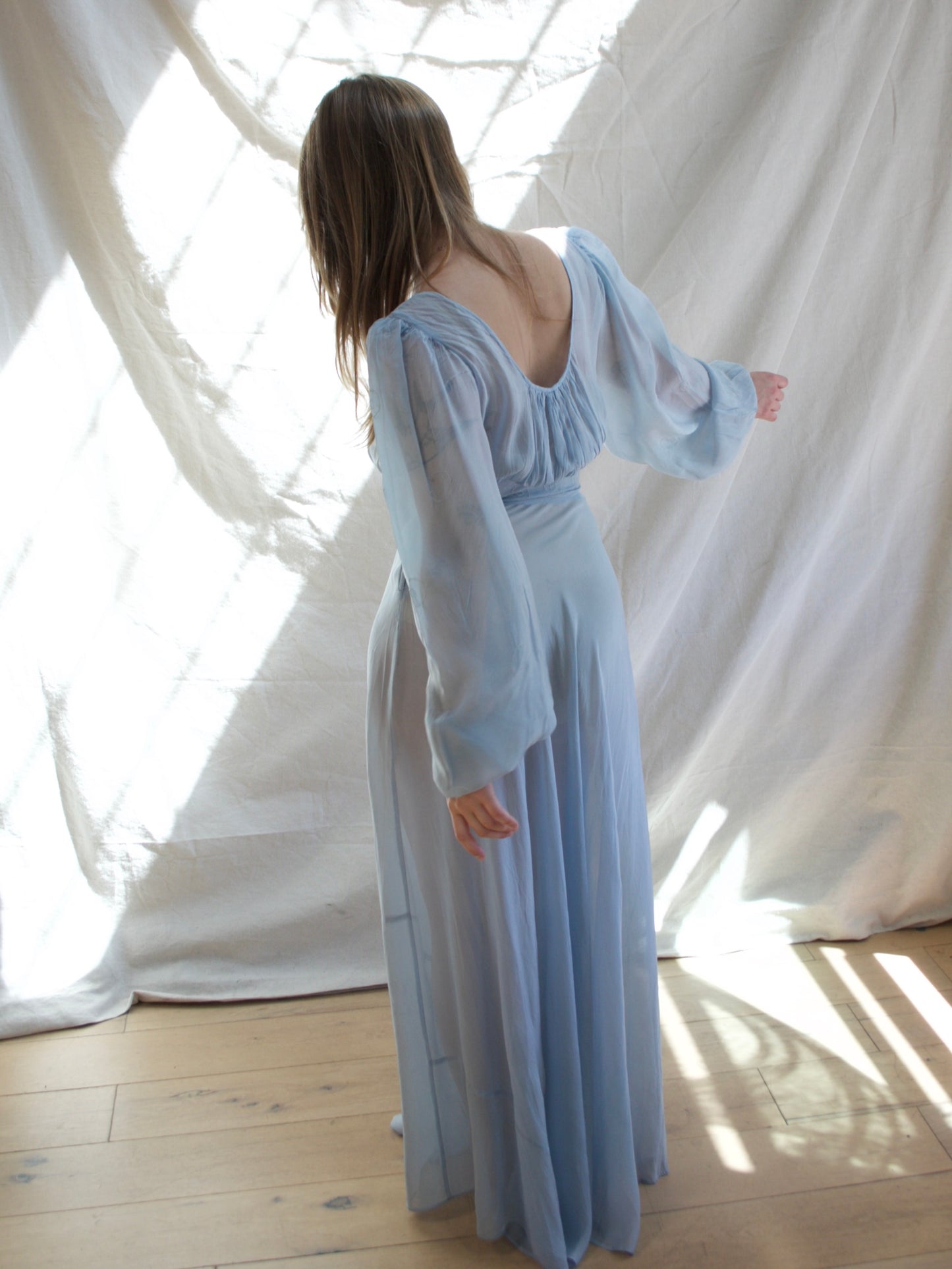 1930s Balloon Sleeve Baby Blue Sheer Gown