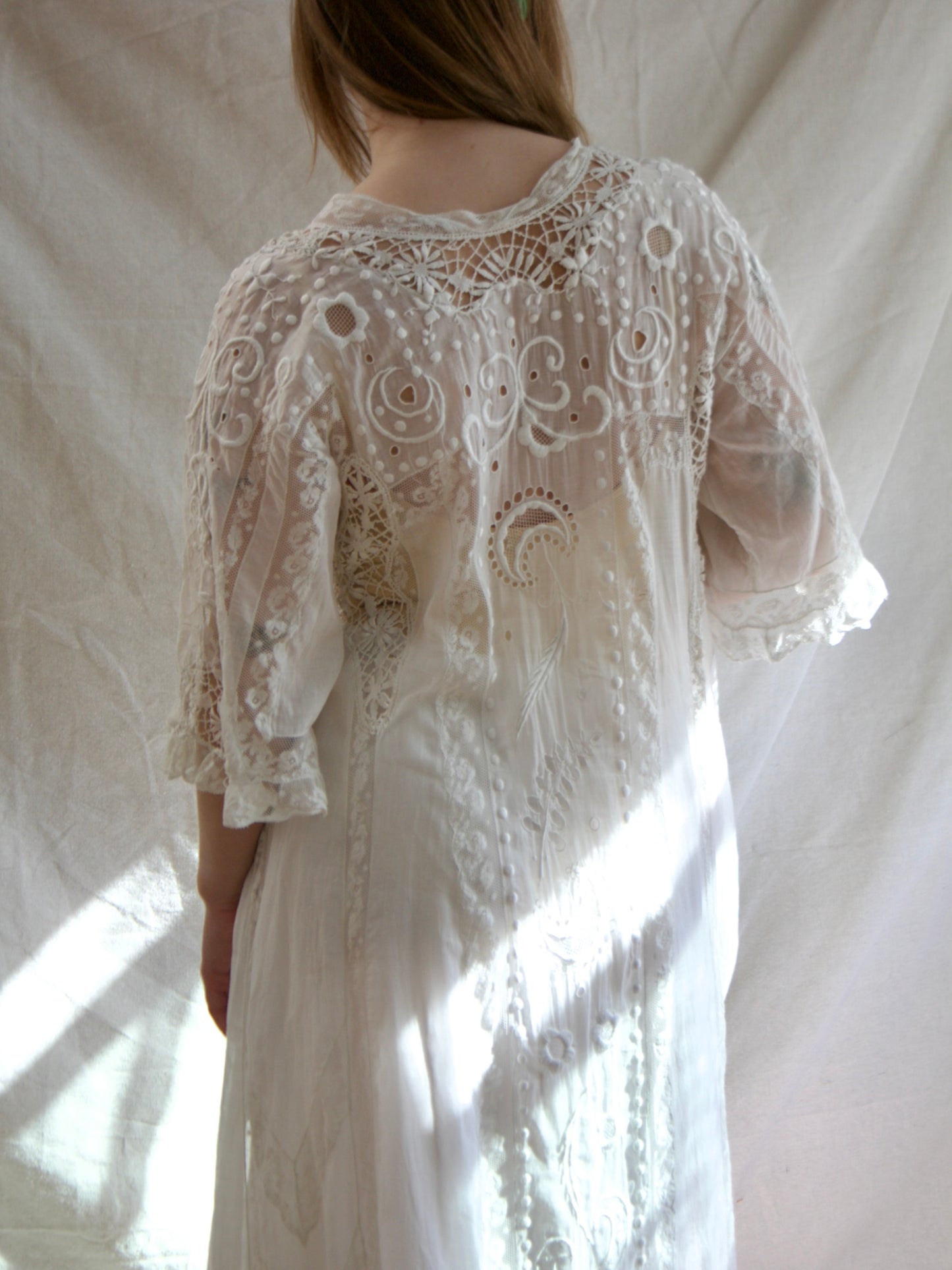 Special Antique Edwardian Whitework Batiste Cotton Crochet Lace Troussea Gown