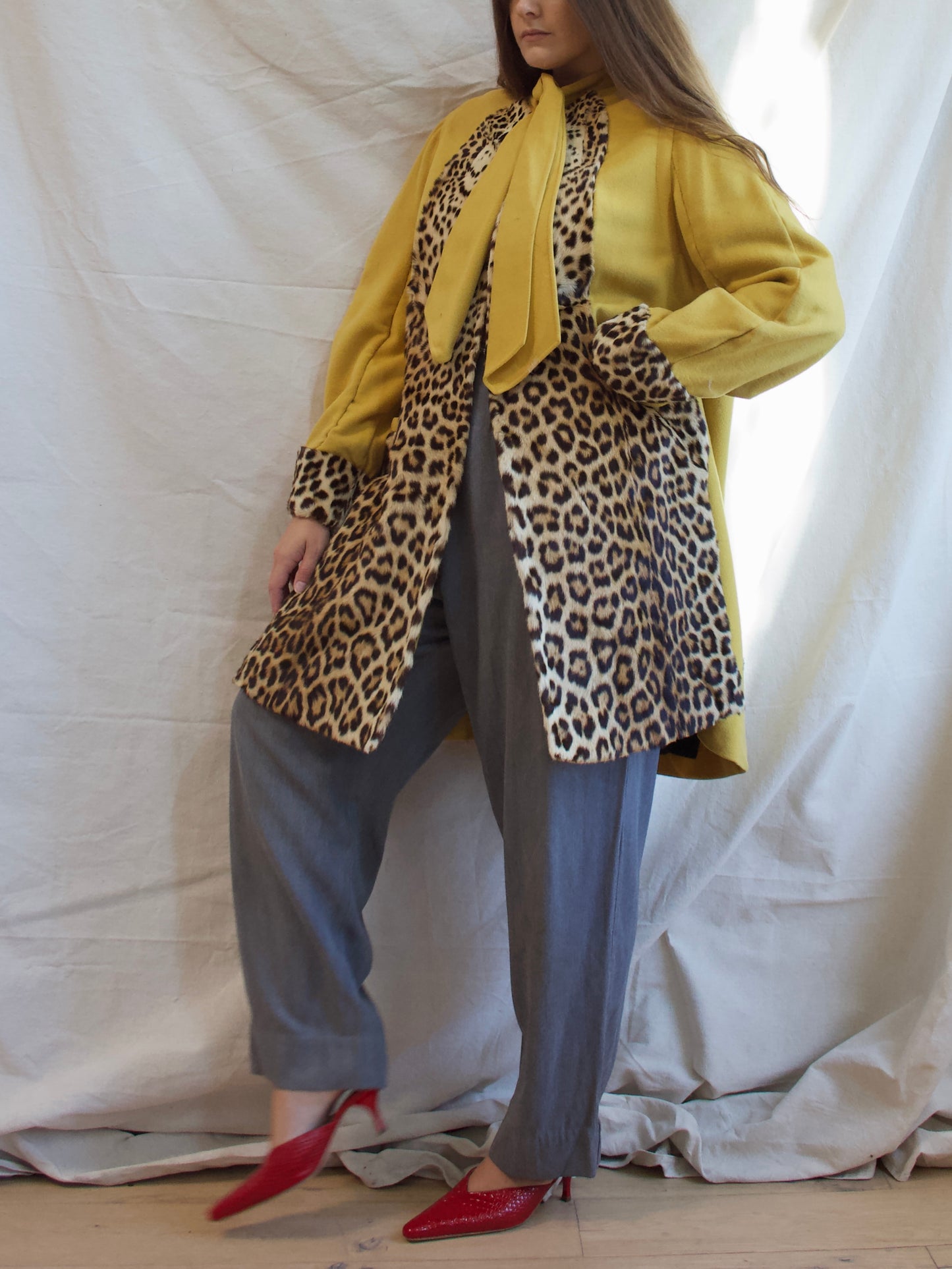 1940s Lemon Yellow Wool & Real Leopard Fur Swing Coat