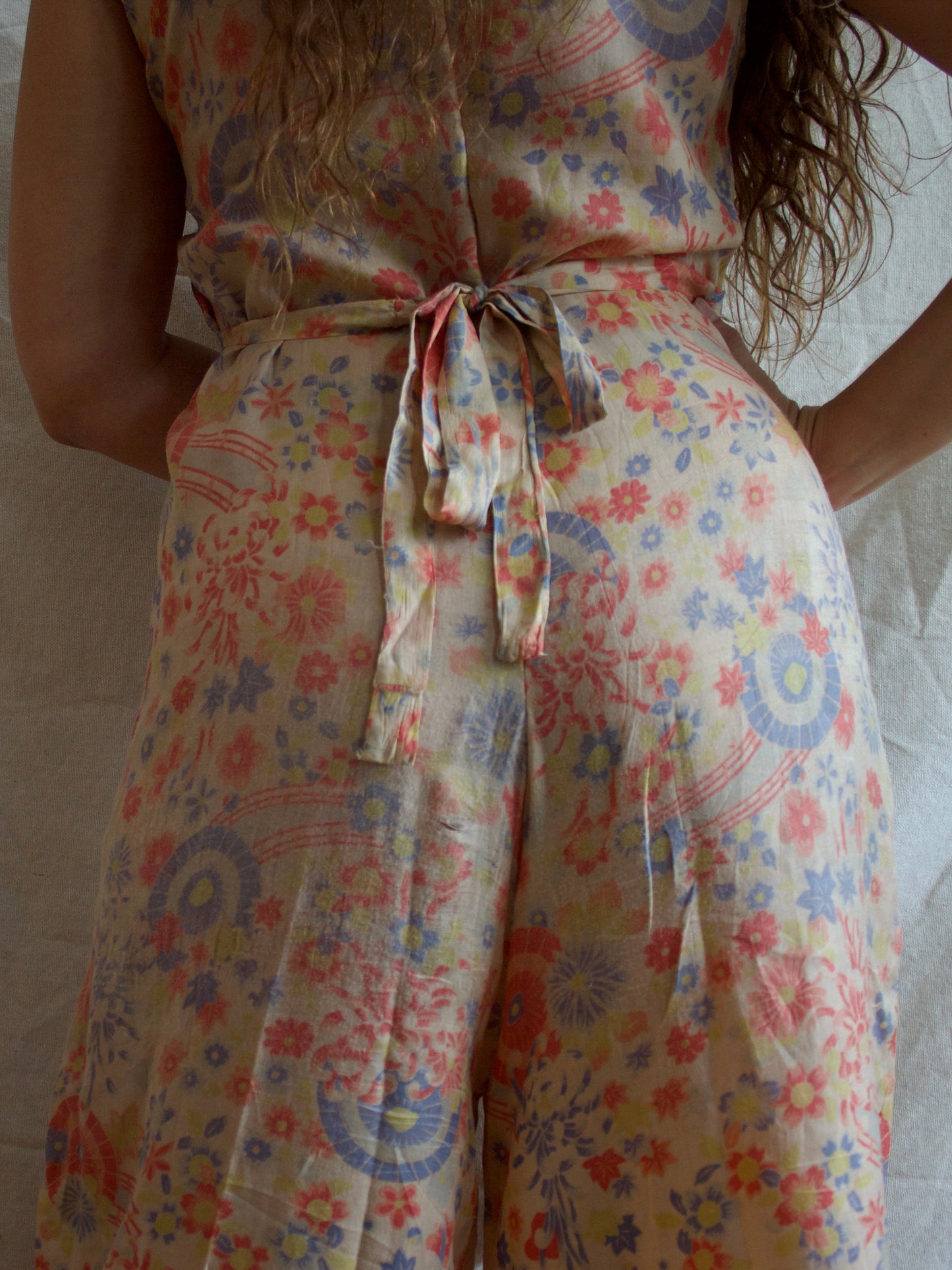 1930s All Over Japanese Print Pongee Silk Lounge Jumpsuit