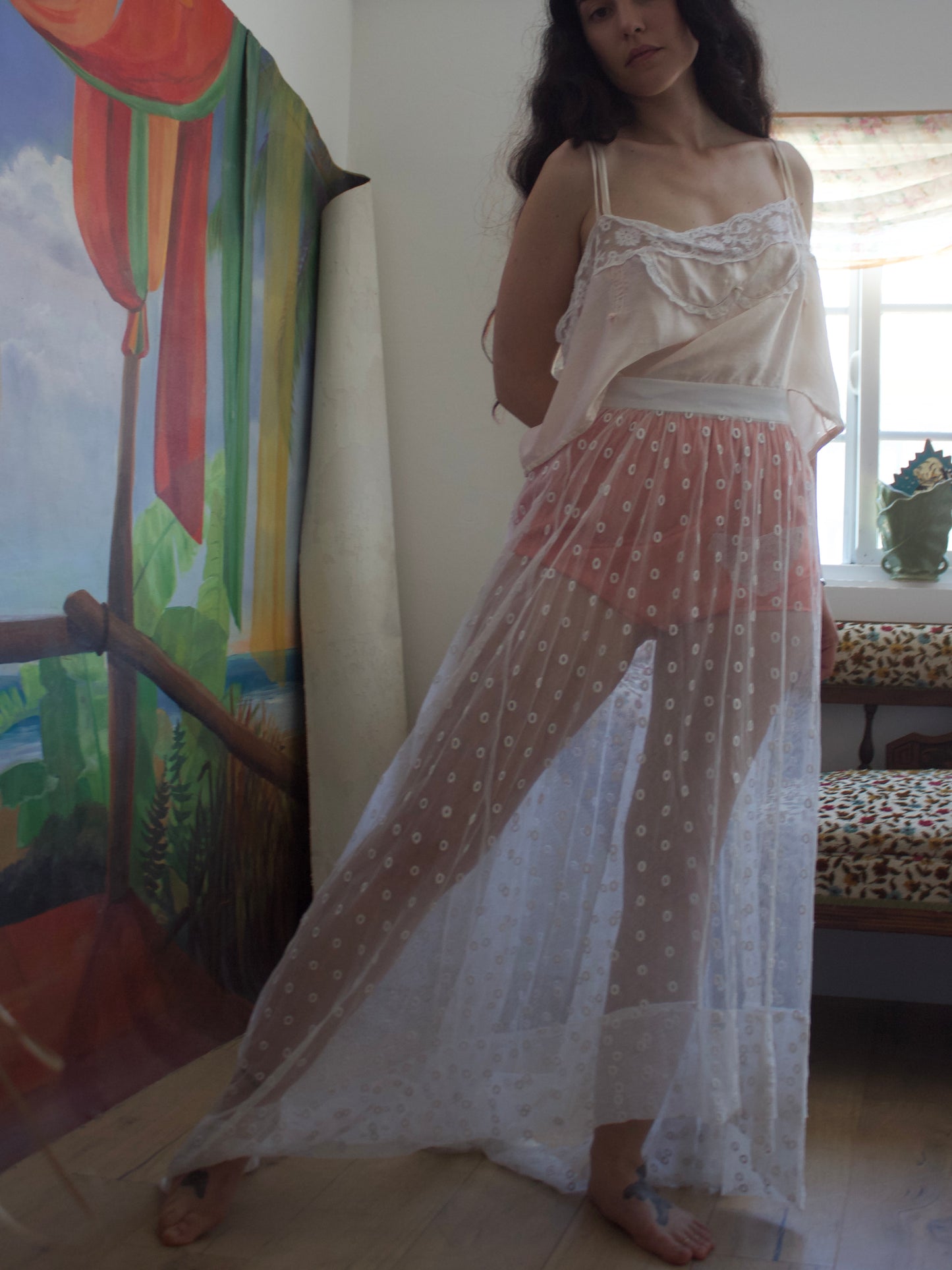 Antique Edwardian Sheer Embroidered Net Trained Skirt