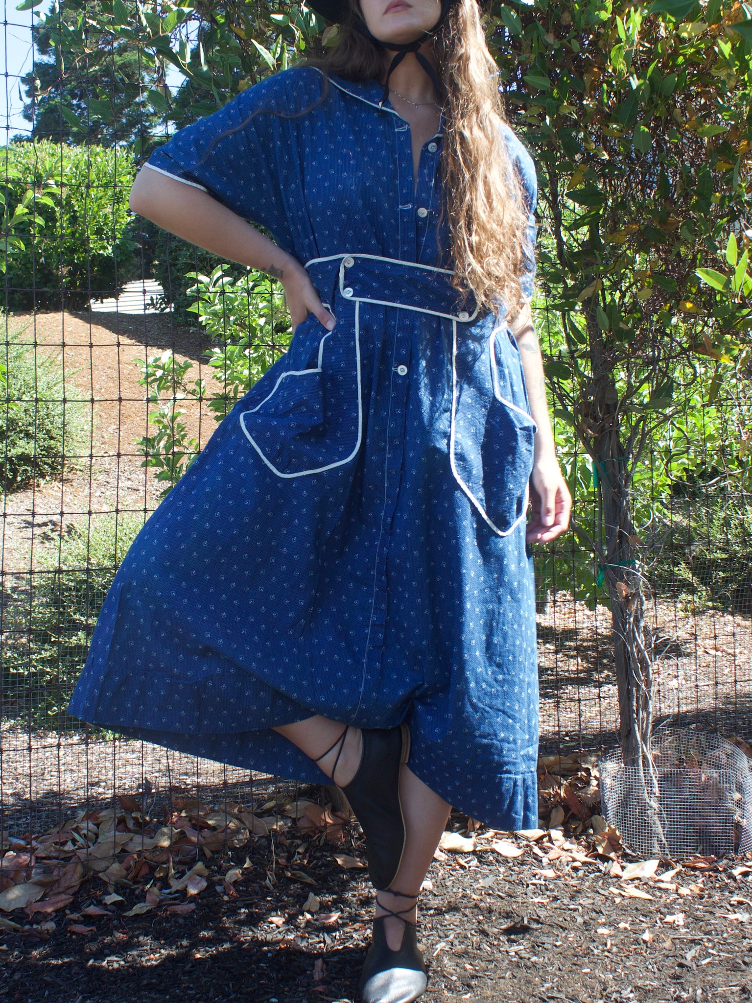 1920s Indigo Calico Belted Workwear Dress