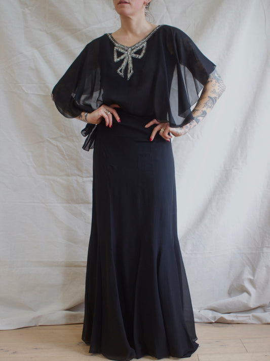 1930s Rhinestone Embellished Bow Capelet Chiffon Gown