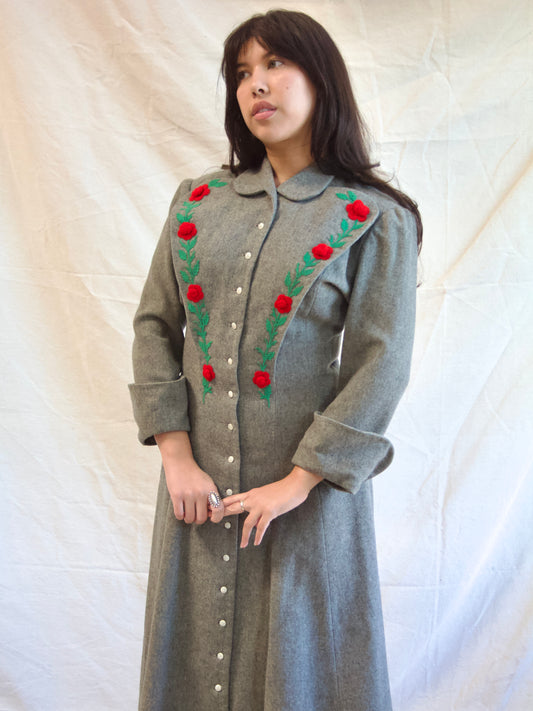 1940s 3D Rose and Embroidered Slate Grey Wool Button Front Dress