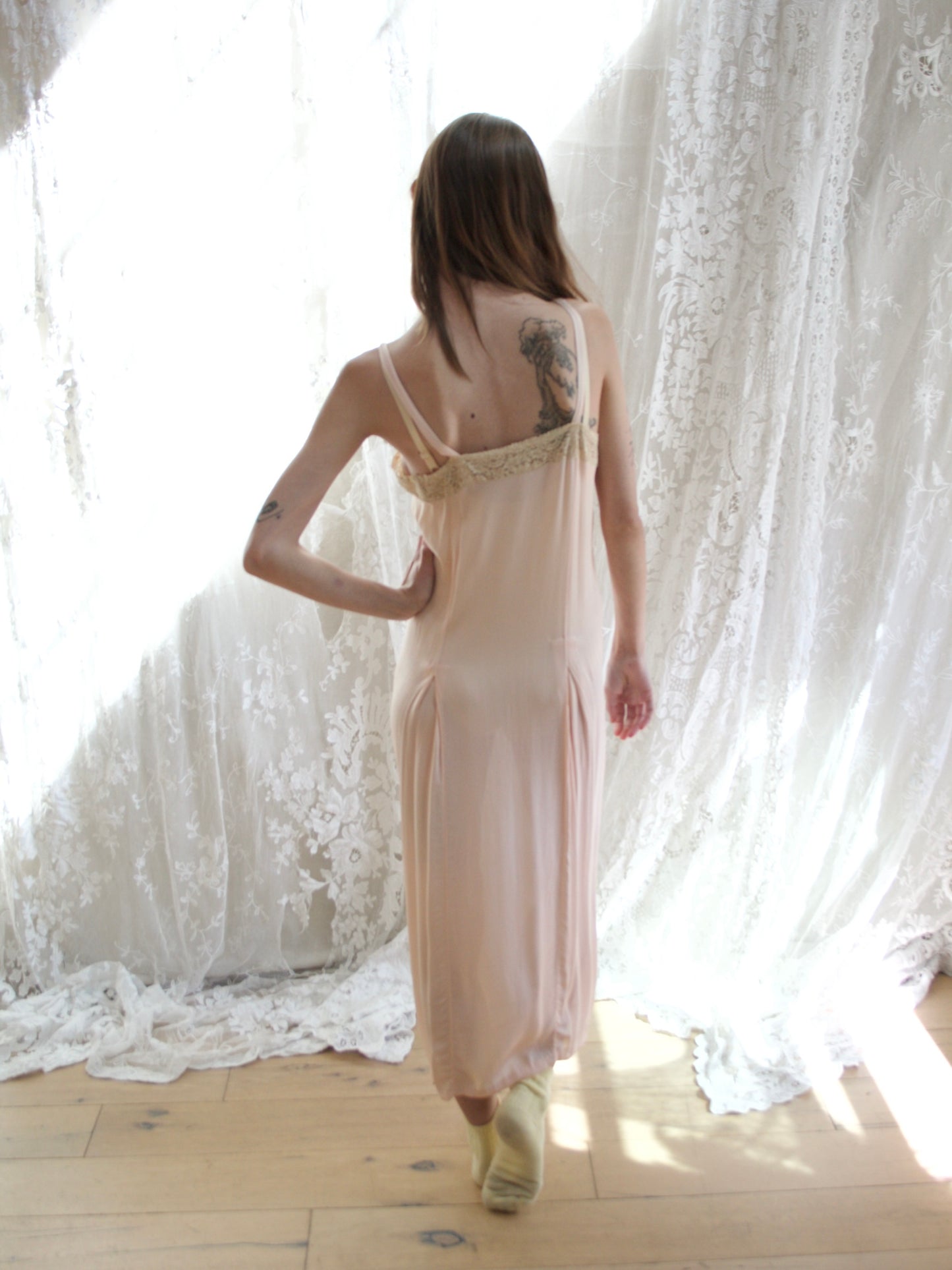 Antique 1920s Silk Crepe Blush Appliquè Slip Dress