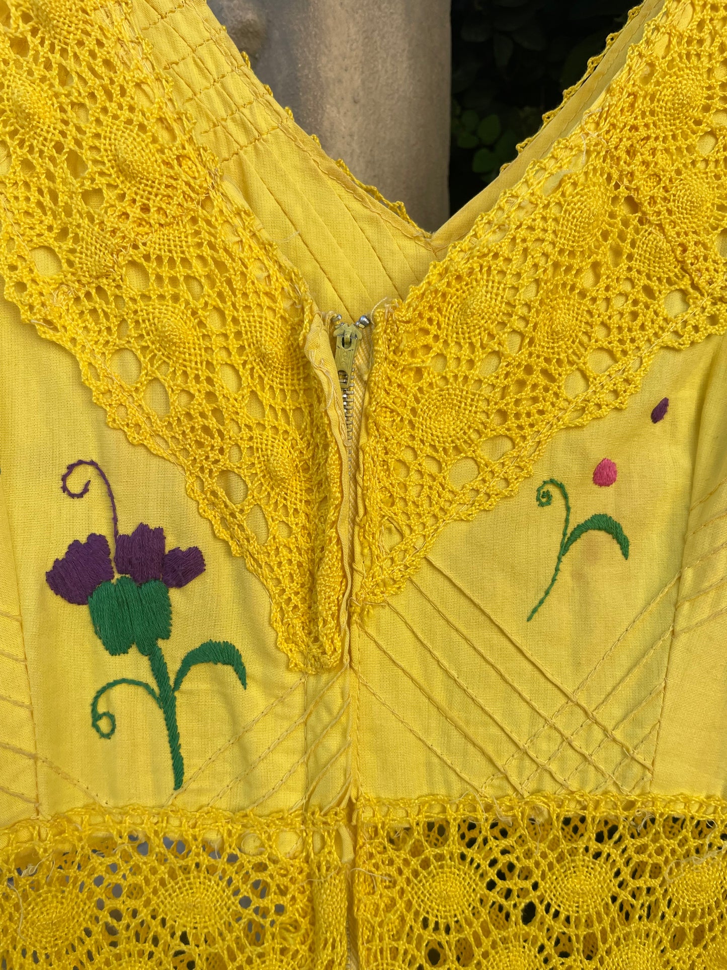 1970s Vibrant Yellow Embroidered Mexican Maxi Length Bell Sleeve Dress