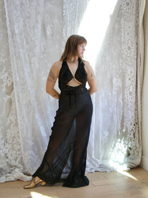 1940s Sheer Rayon Halter Lace Midriff Cutout Lingerie Gown