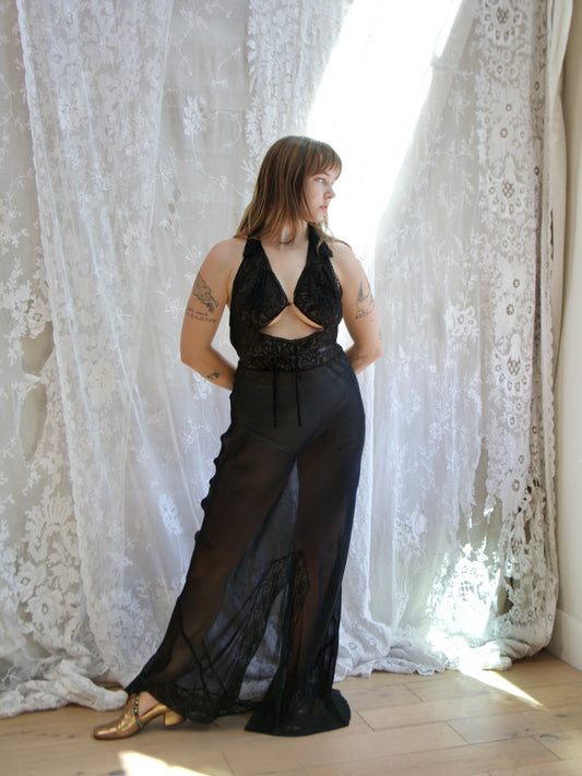 1940s Sheer Rayon Halter Lace Midriff Cutout Lingerie Gown