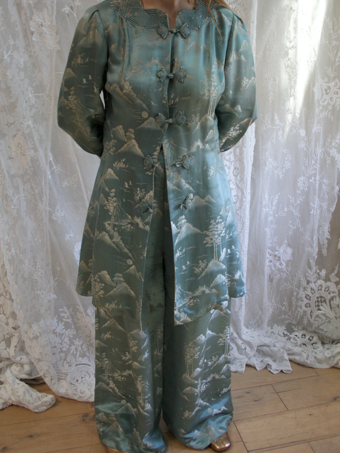 1930s Cornflower Blue Silk Jacquard 2 PC Palazzo Pant Tunic Set