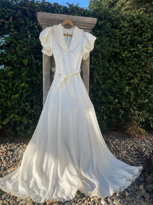1930s Exaggerated Sculptural Sleeve Taffeta Tie Waist Wedding Gown