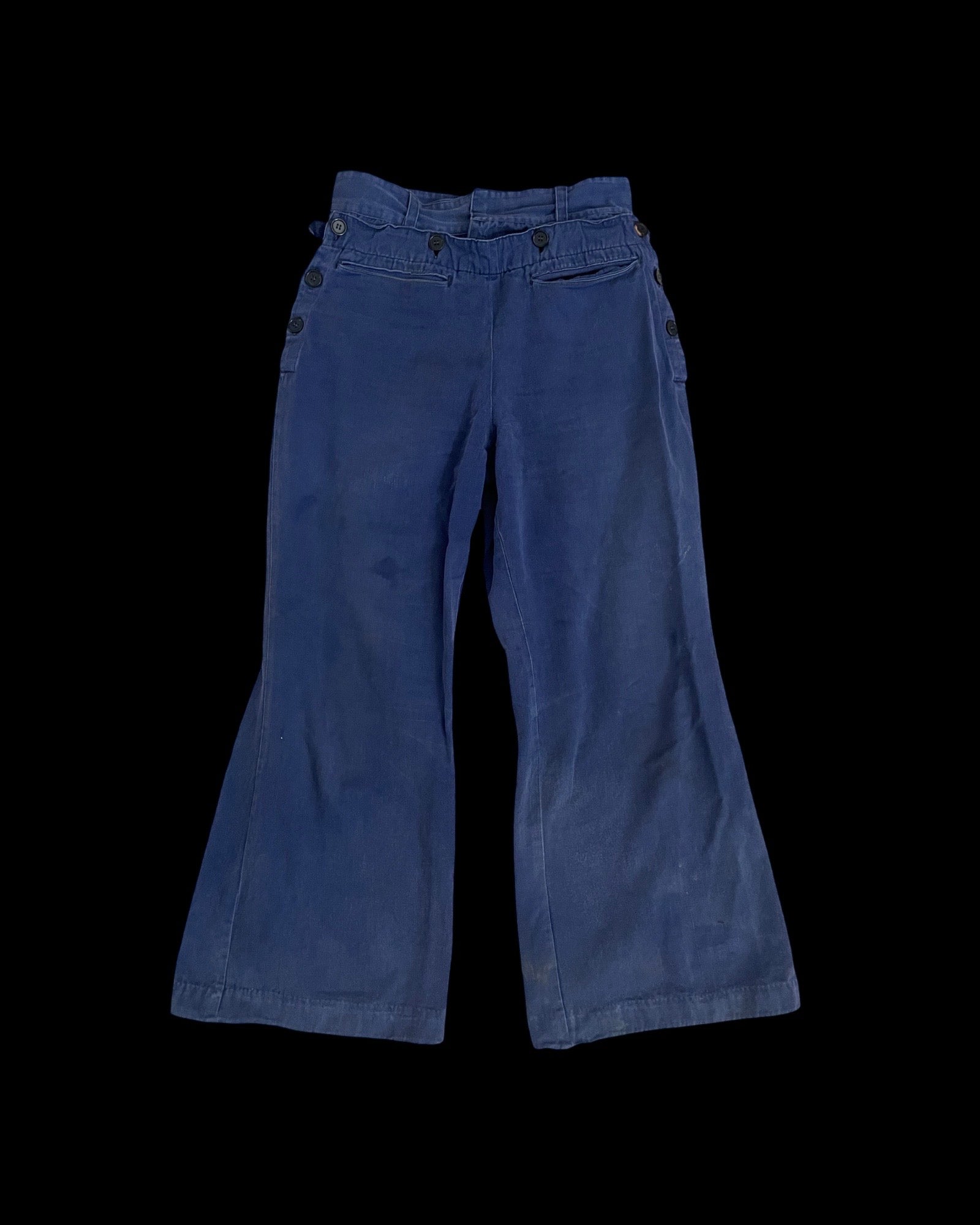 1940s European Indigo Cotton Fall Front Side Buckle Sailor Pants