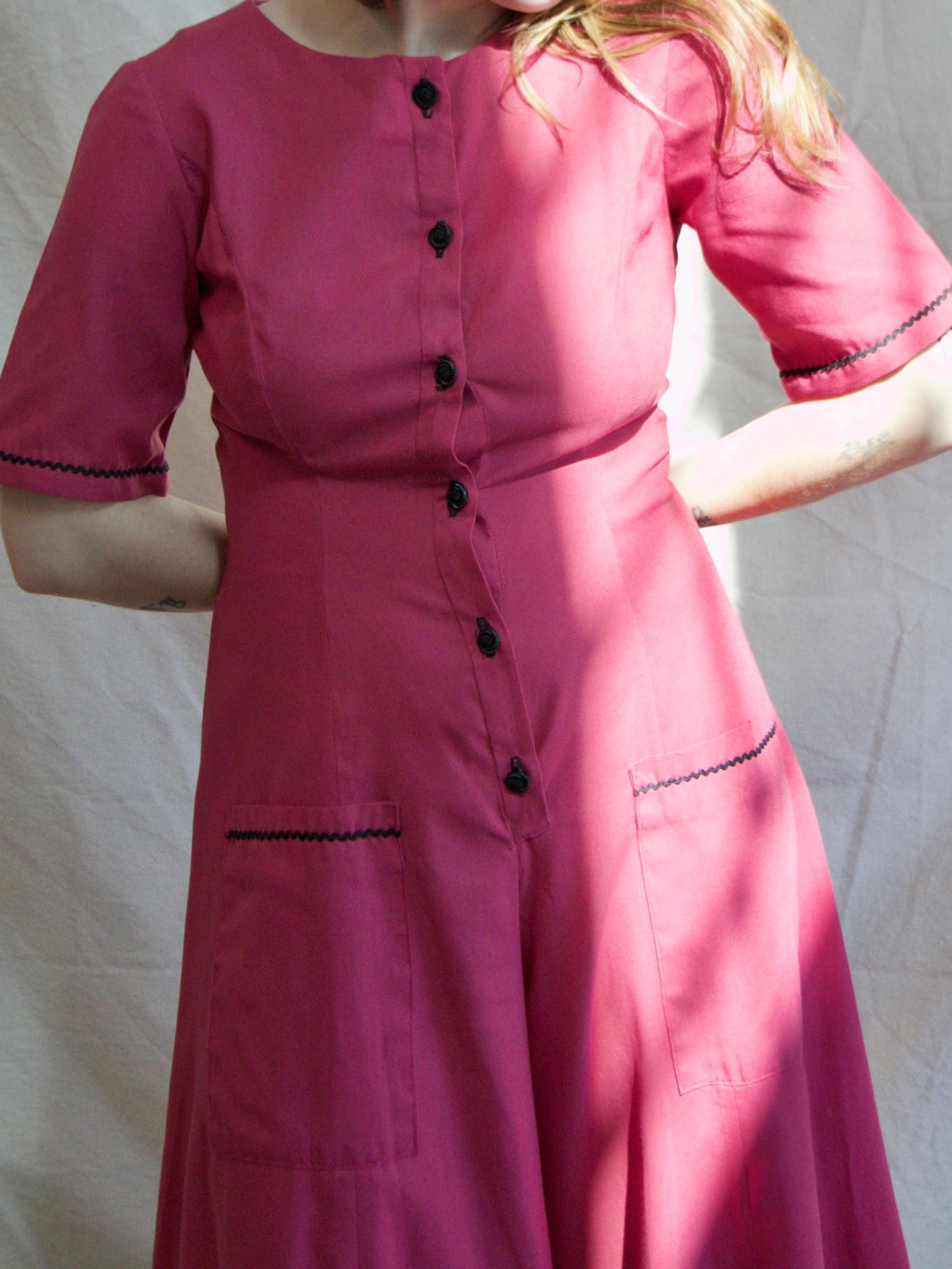 1940s Magenta Palazzo Pant Button Front Jumpsuit