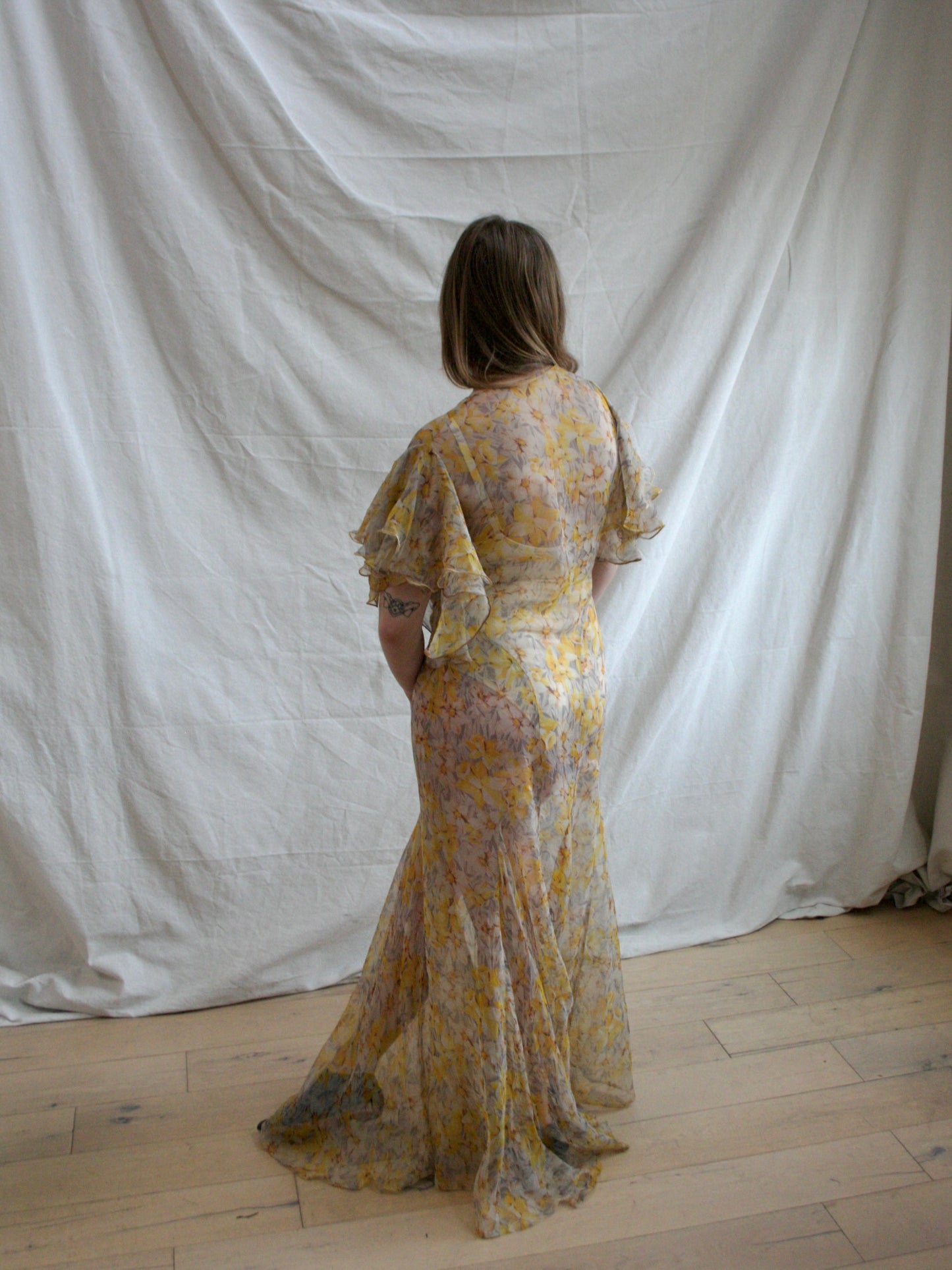 1930s Silk Chiffon Autumnal Flutter Sleeve Deco Bias Cut Gown