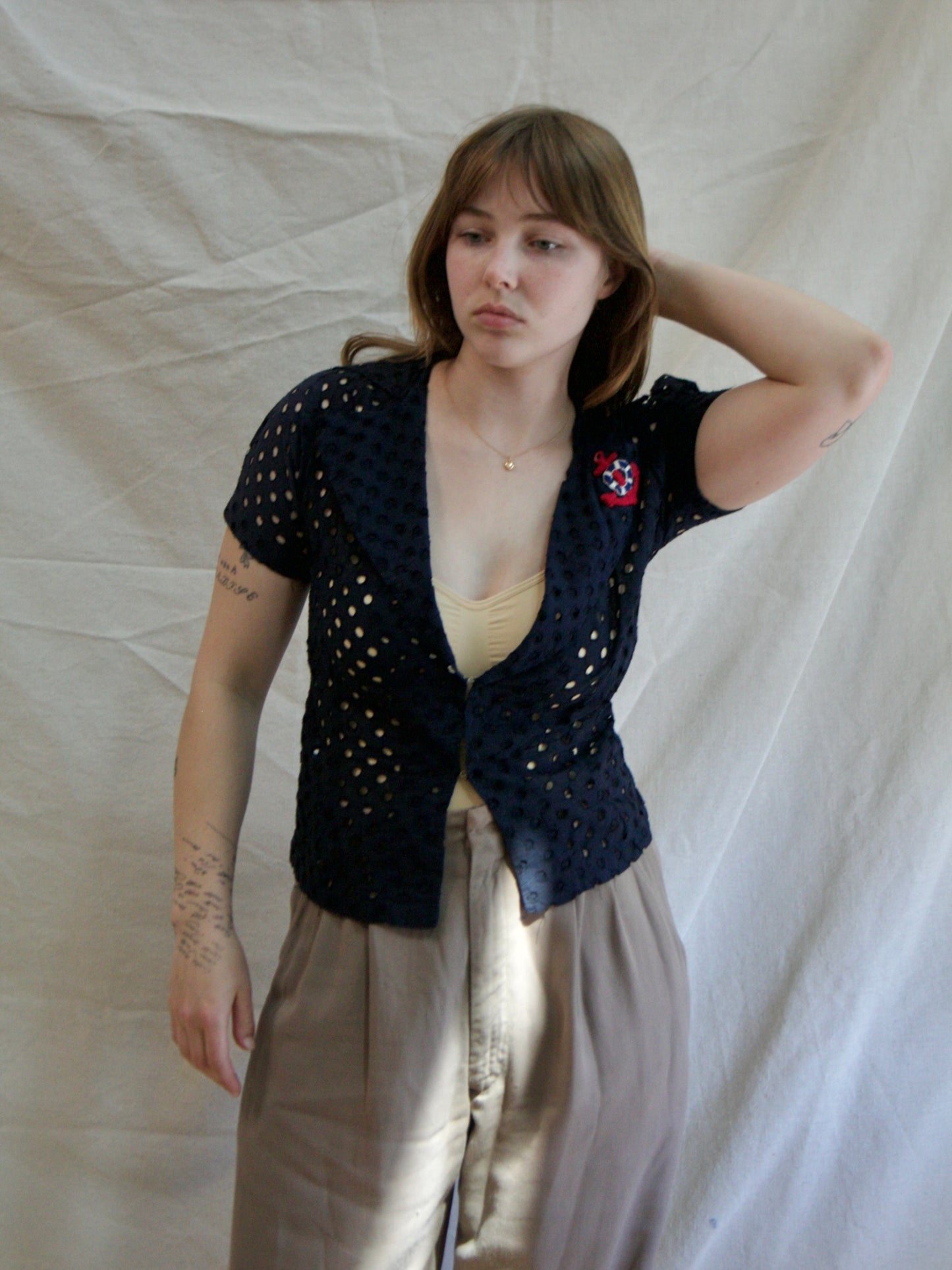 1930s Navy Blue Eyelet Nautical Blouse