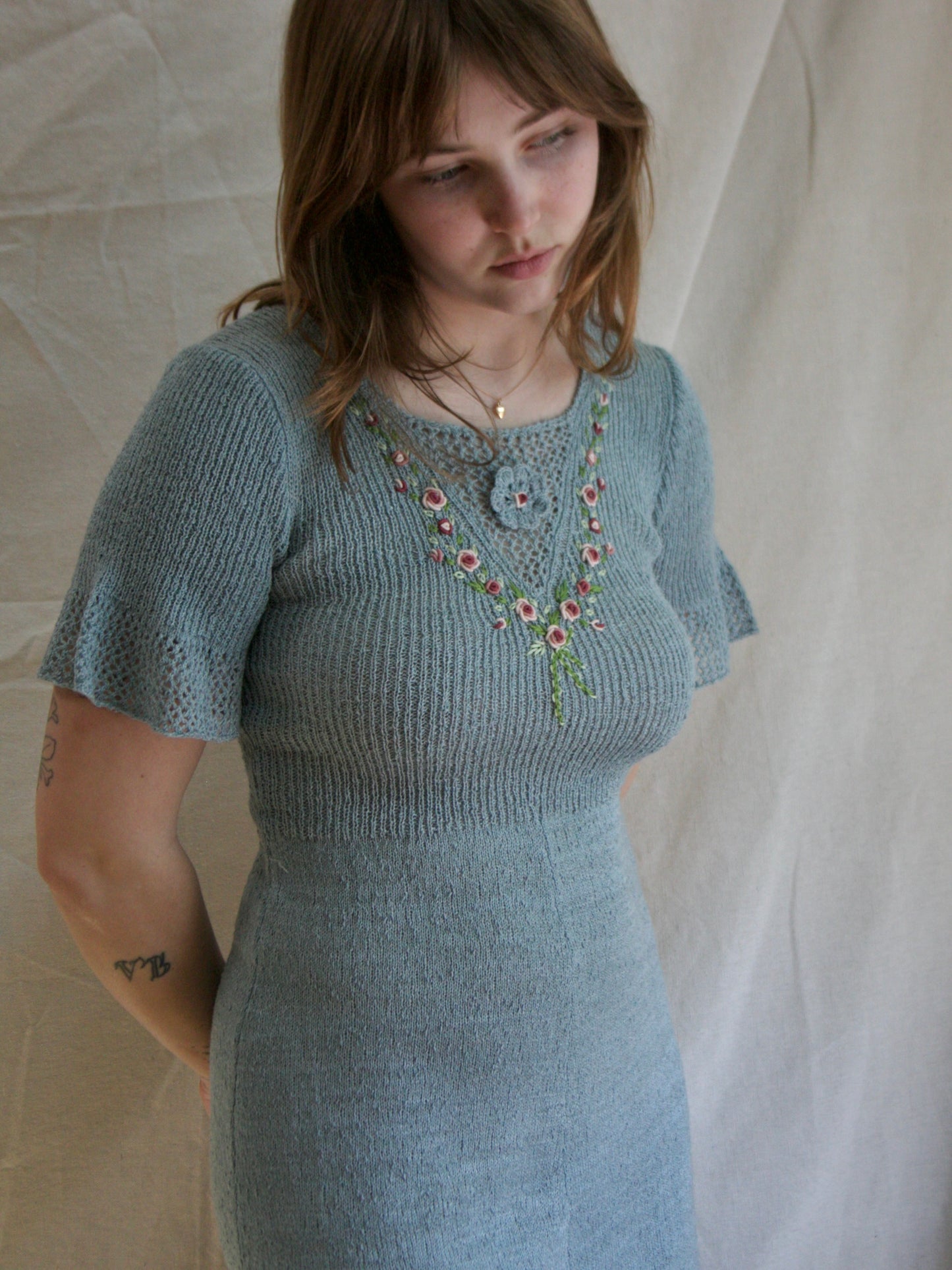 1940s Embroidered Floral  Pewter Rayon Knit Dress